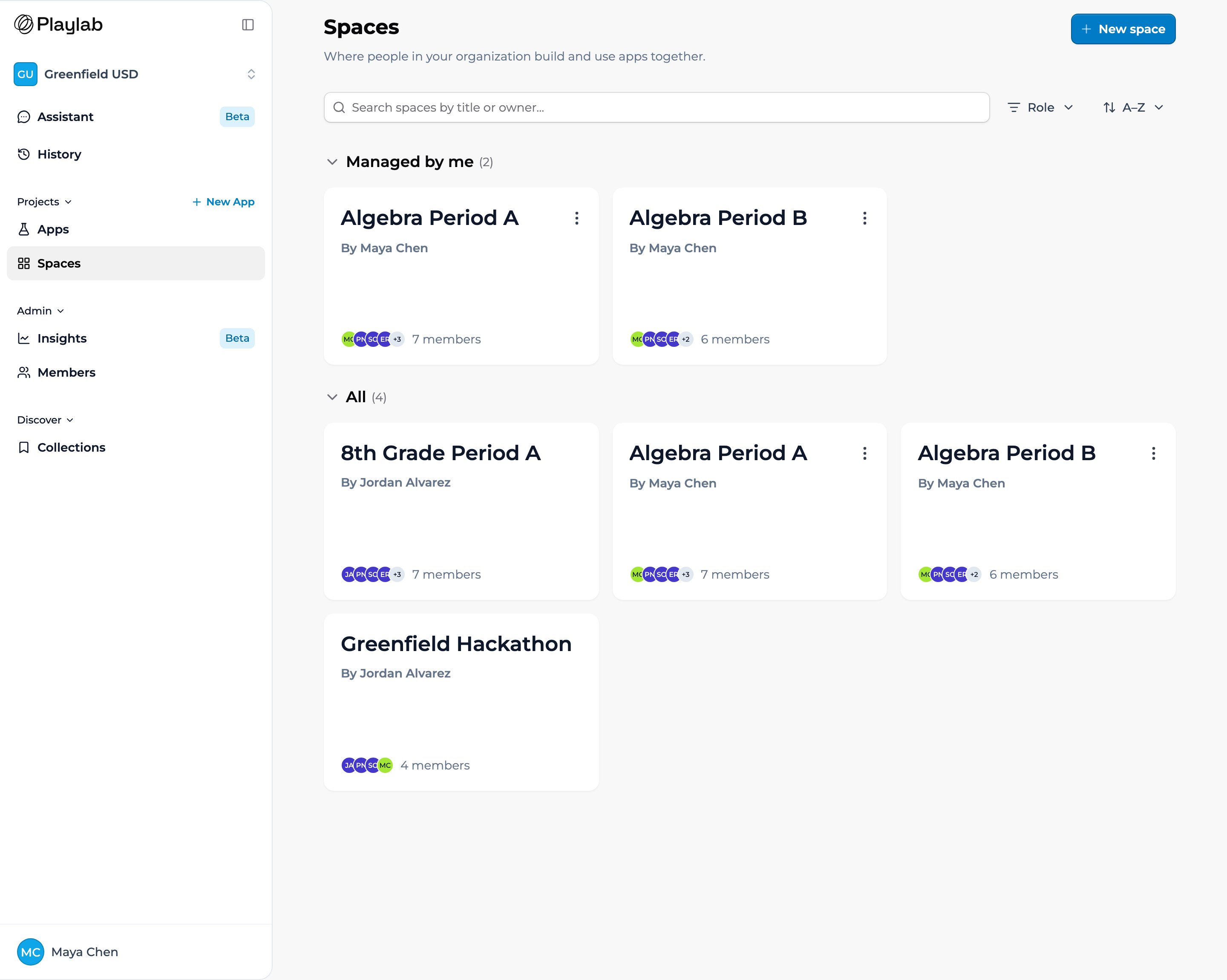Screenshot of the Greenfield USD Spaces page as seen by a Builder. The left sidebar shows the Greenfield USD organization switcher, then Assistant, History, Projects with Spaces selected, Admin (Insights and Members), and Discover. The main area has a search bar with Role and sort filters, a Managed by me section with Algebra Period A and Algebra Period B, and an All section that also includes 8th Grade Period A and Greenfield Hackathon, each card with its owner and member count.