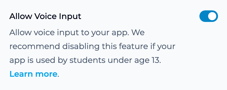 Allow Voice Input toggled on in the app Settings panel