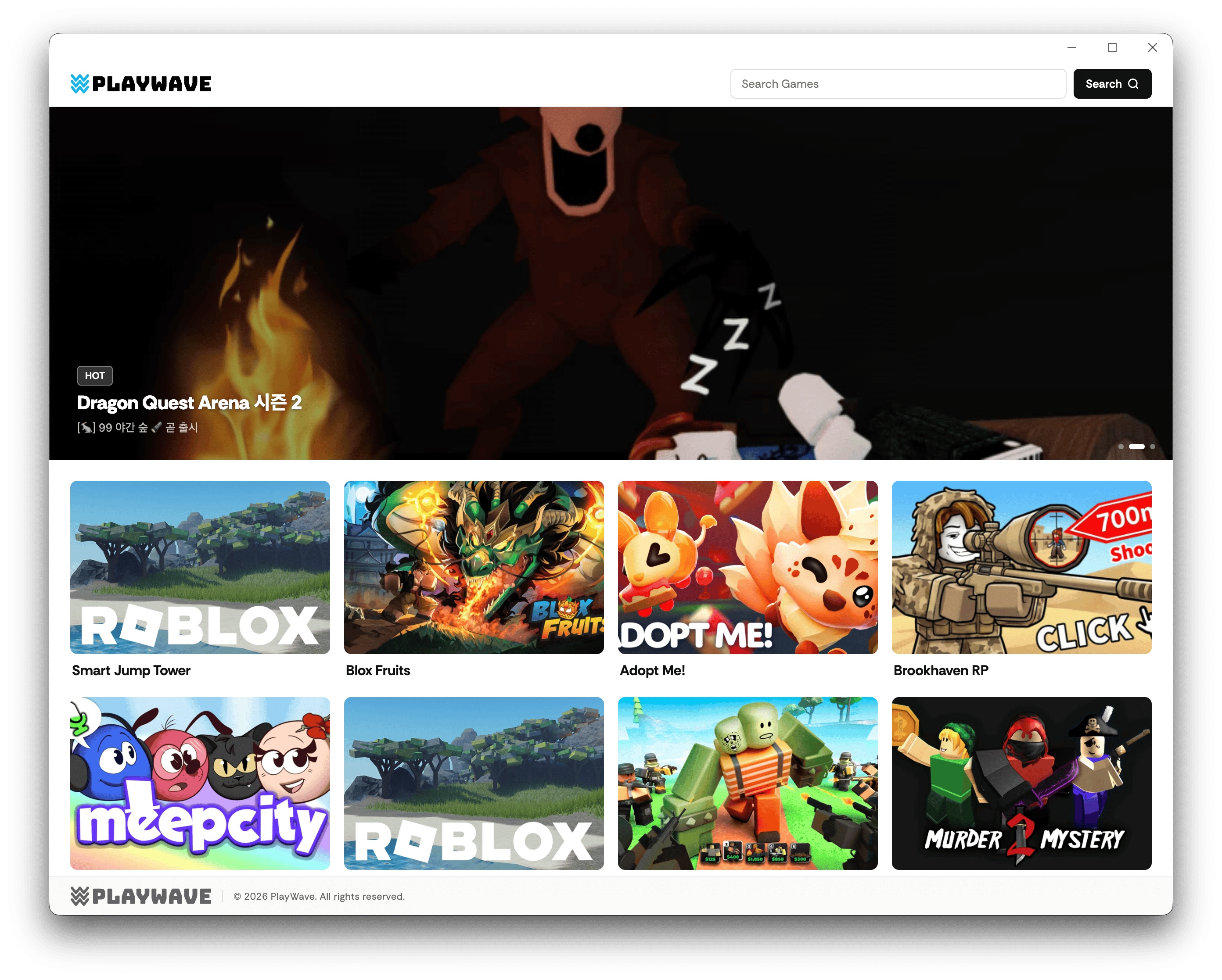 PlayWave Launcher showing featured games and game list