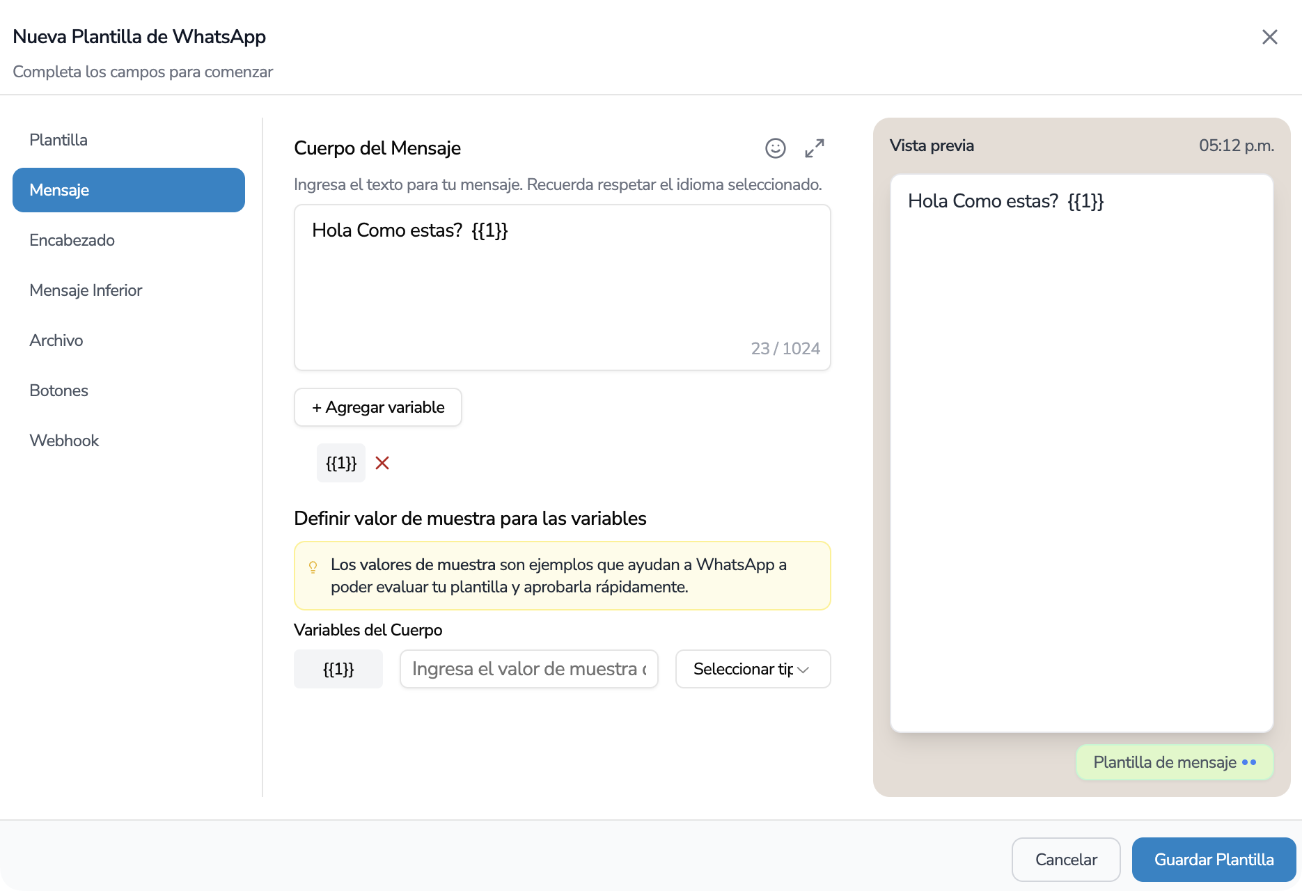 Nuevo Mensaje de Plantilla