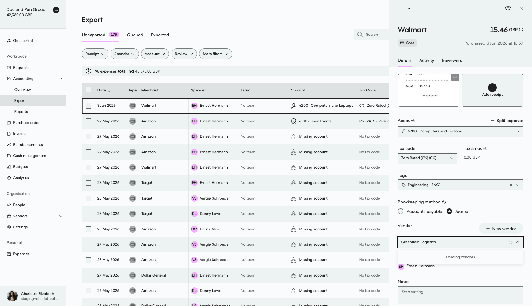 Vendor drop-down field with no matches for Greenfield Logistics, only the option to create a new Vendor
