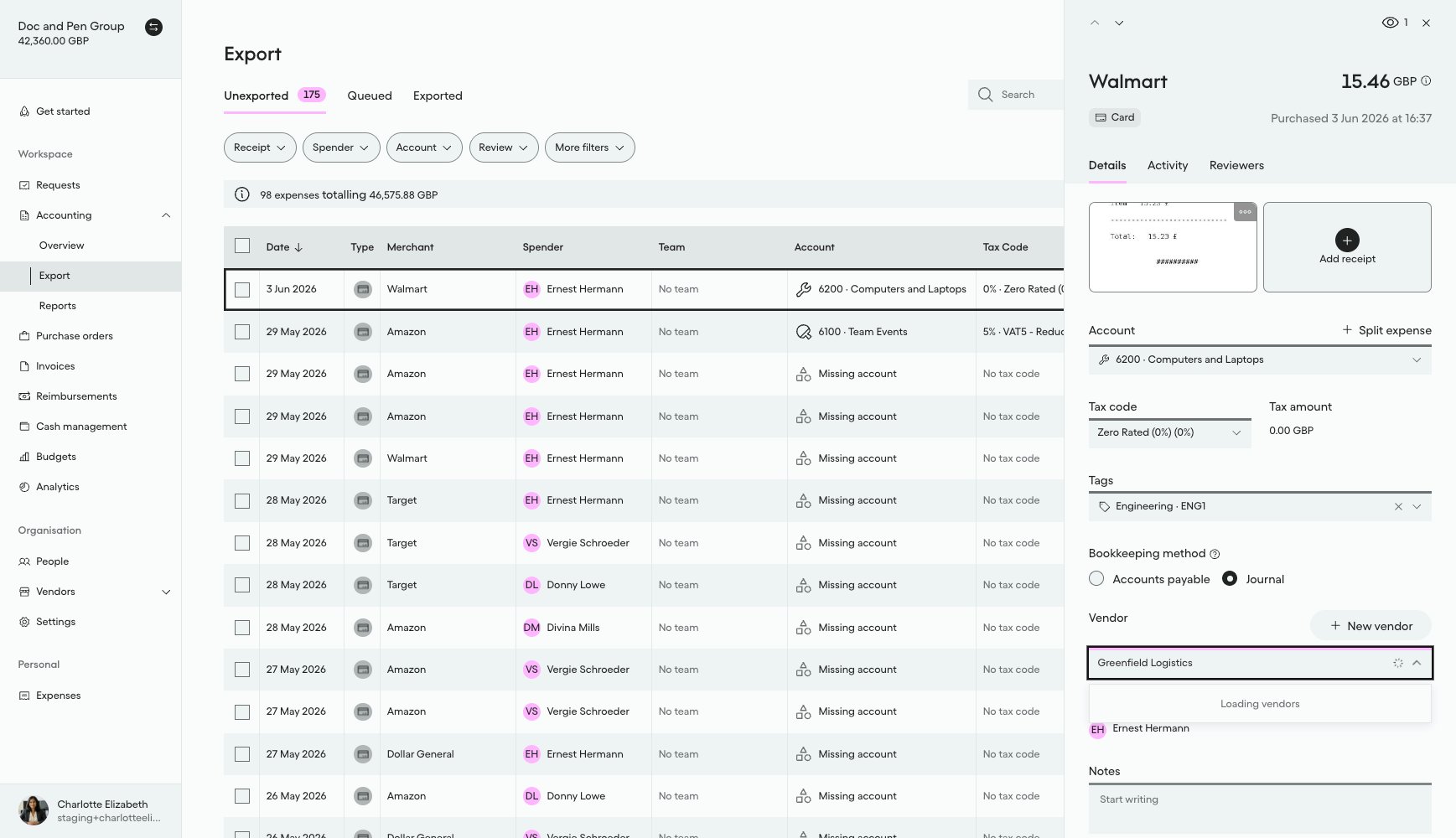 Vendor drop-down field with no matches for Greenfield Logistics, only the option to create a new Vendor