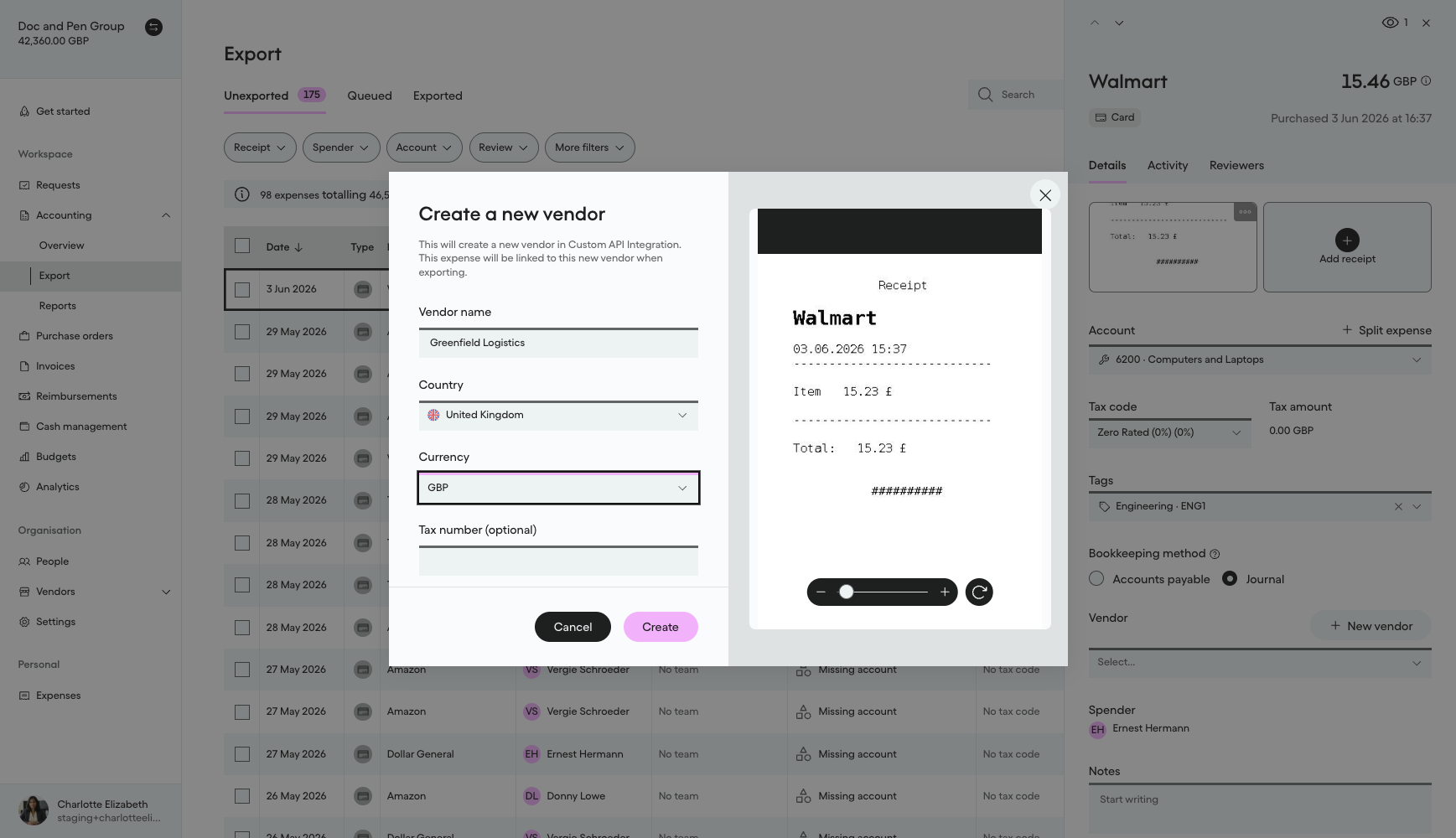 Create a new Vendor form filled in with Greenfield Logistics details