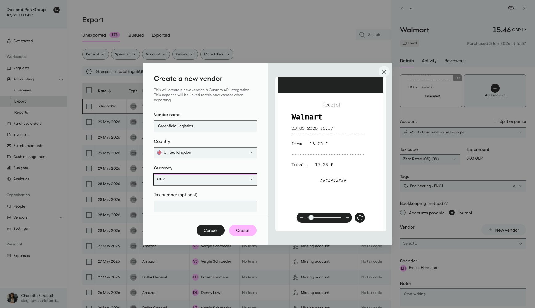 Create a new Vendor form filled in with Greenfield Logistics details