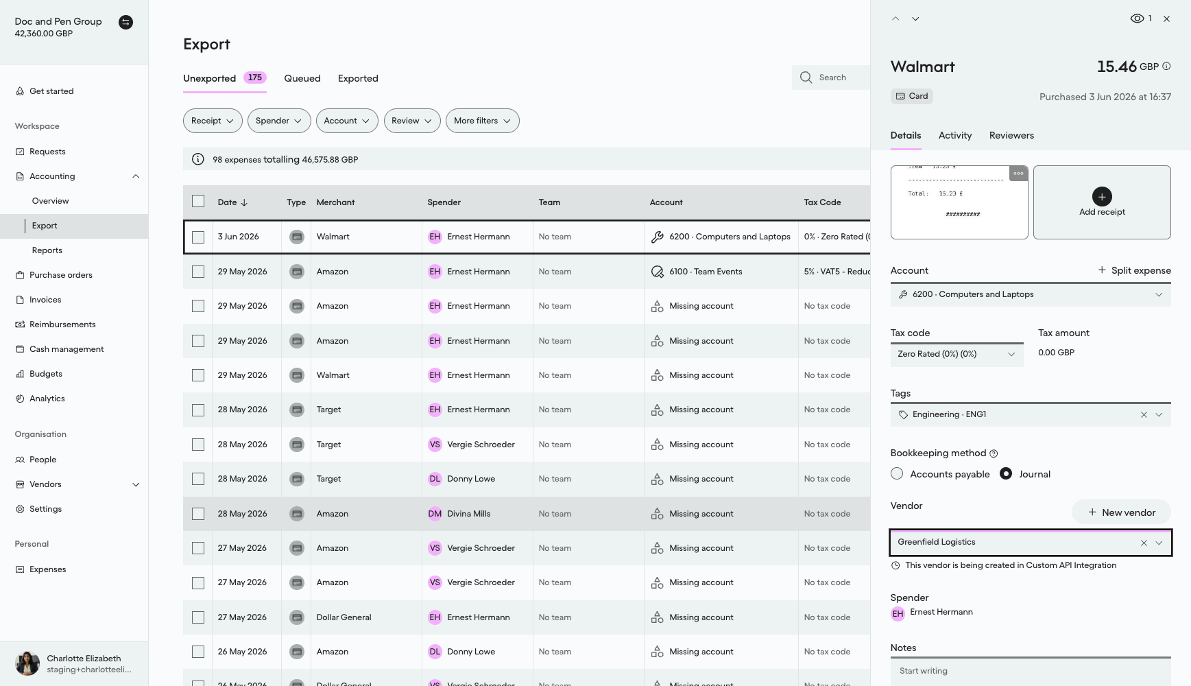 Vendor field on an expense showing newly created Greenfield Logistics, not yet linked to the Accounting System
