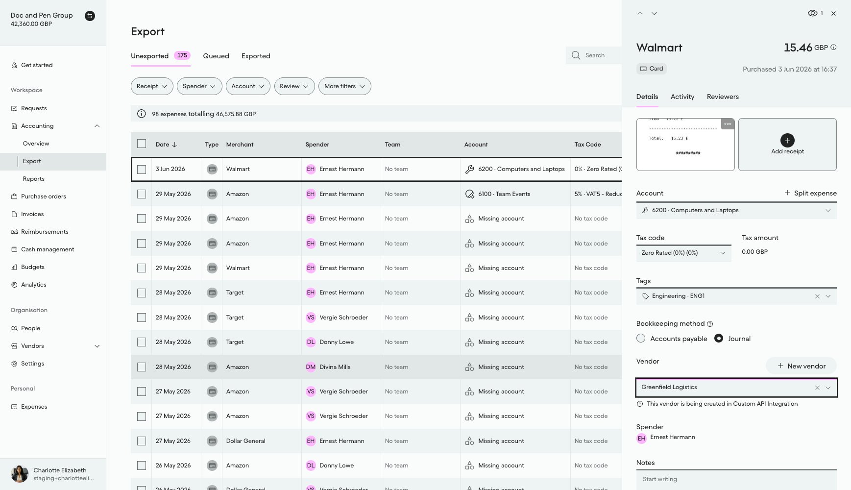 Vendor field on an expense showing newly created Greenfield Logistics, not yet linked to the Accounting System
