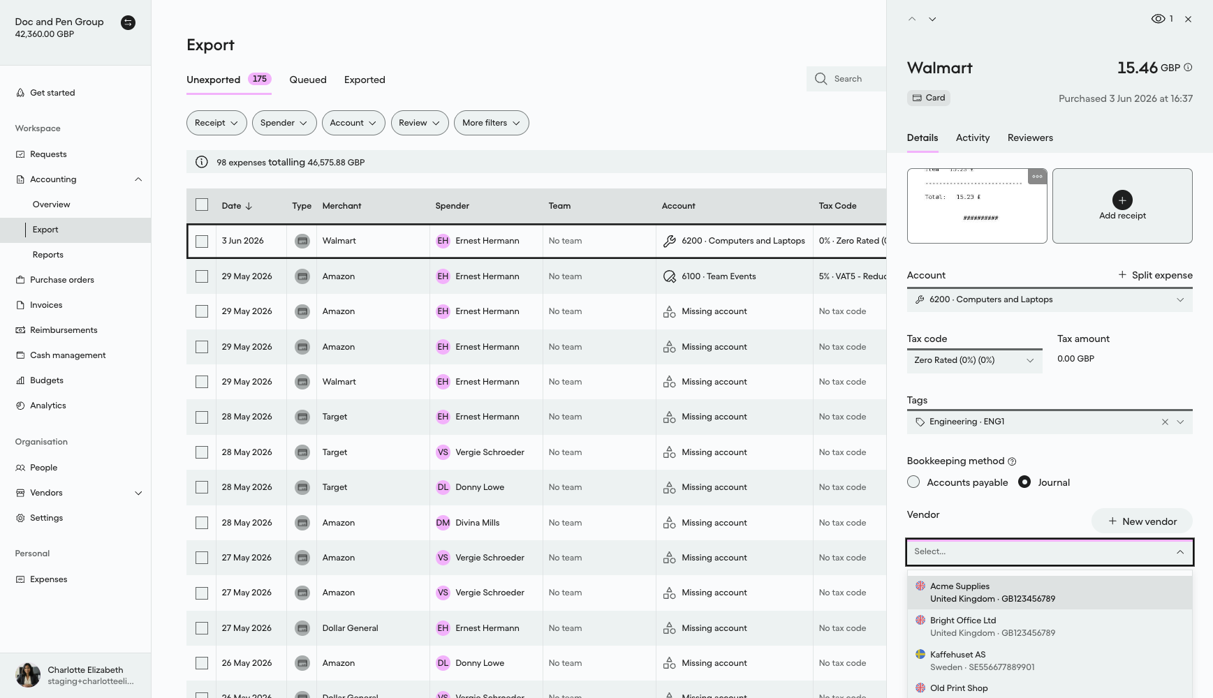 Vendor dropdown on an expense showing newly created Bright Office Ltd