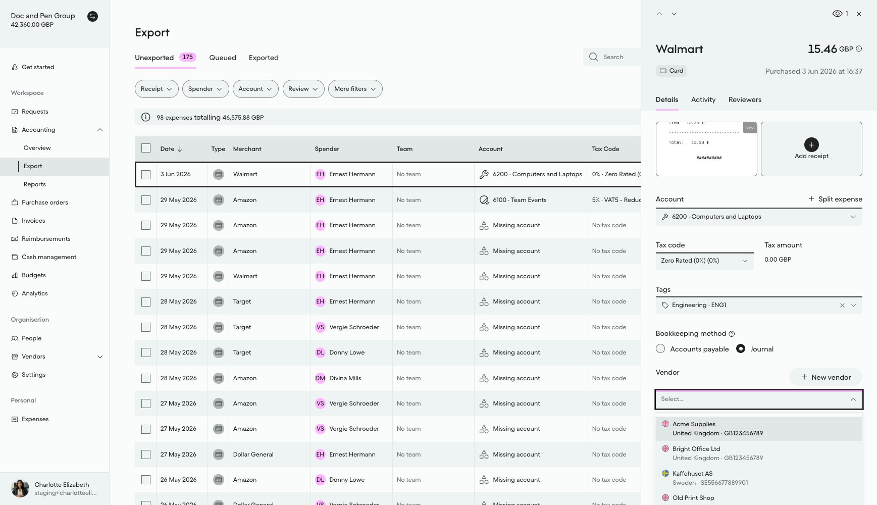 Vendor dropdown on an expense showing newly created Bright Office Ltd