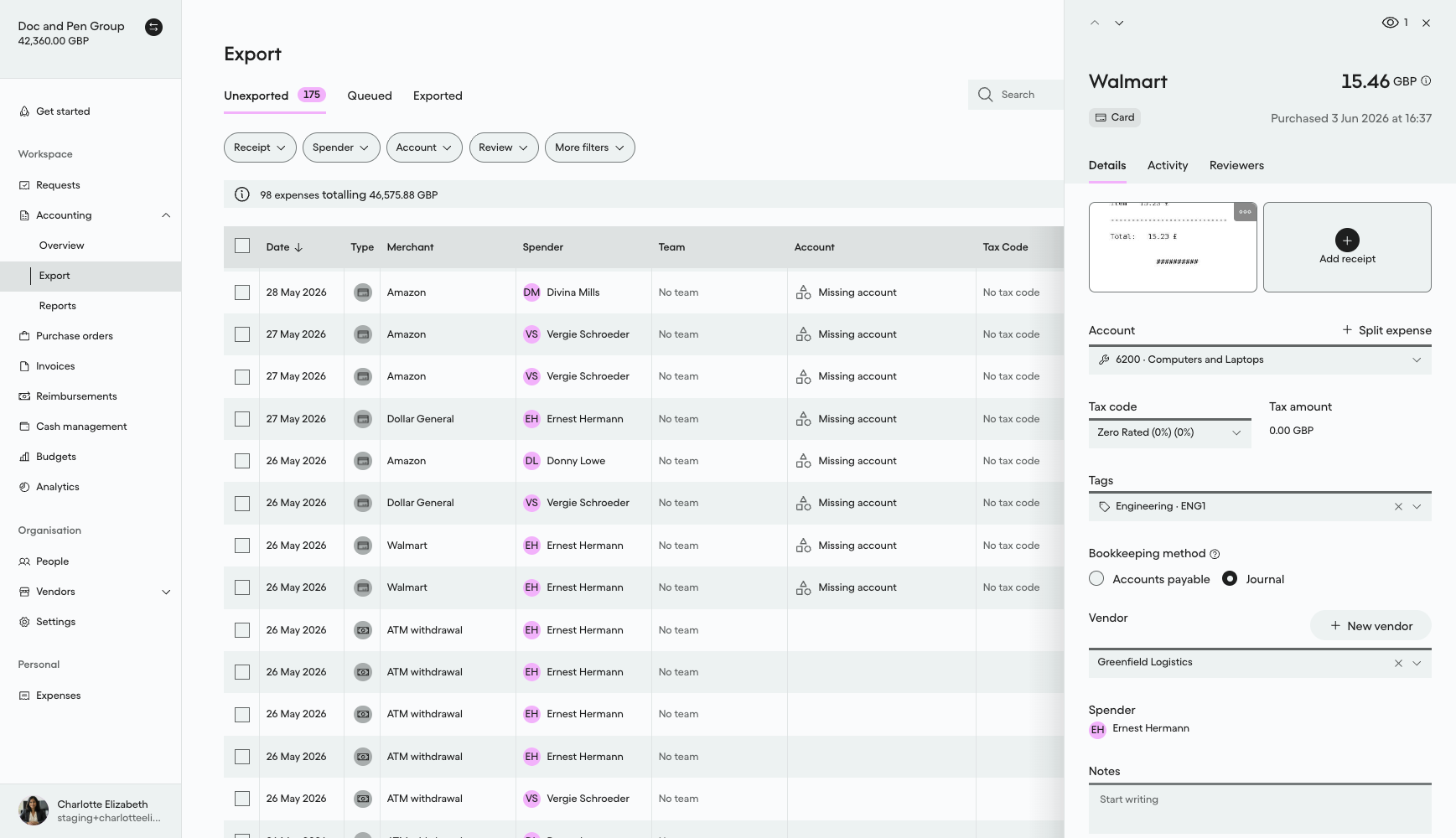 Vendor field on an expense showing Greenfield Logistics after activation, with no draft notice