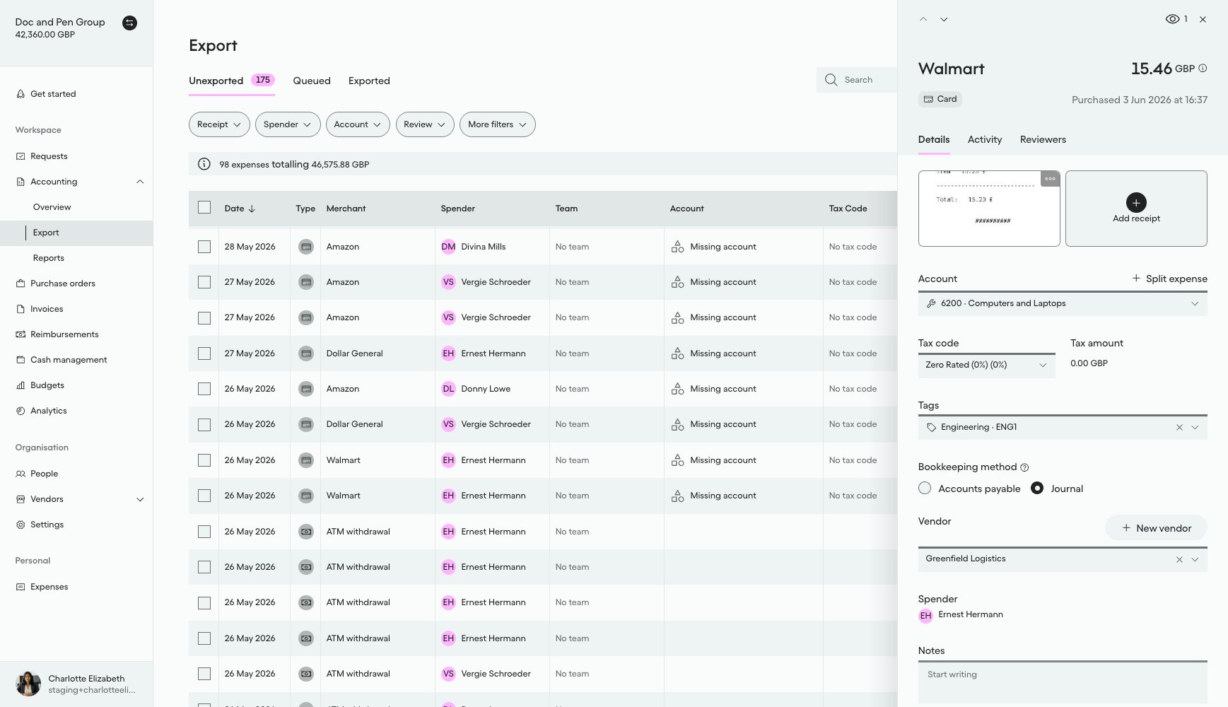 Vendor field on an expense showing Greenfield Logistics after activation, with no draft notice