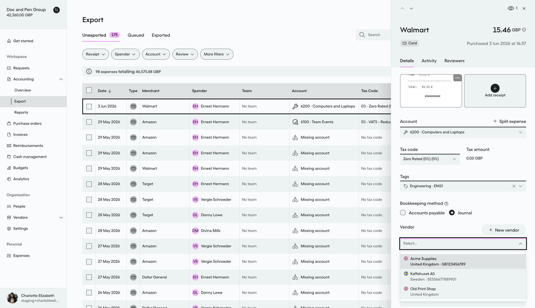 Vendor dropdown on an expense showing active vendors