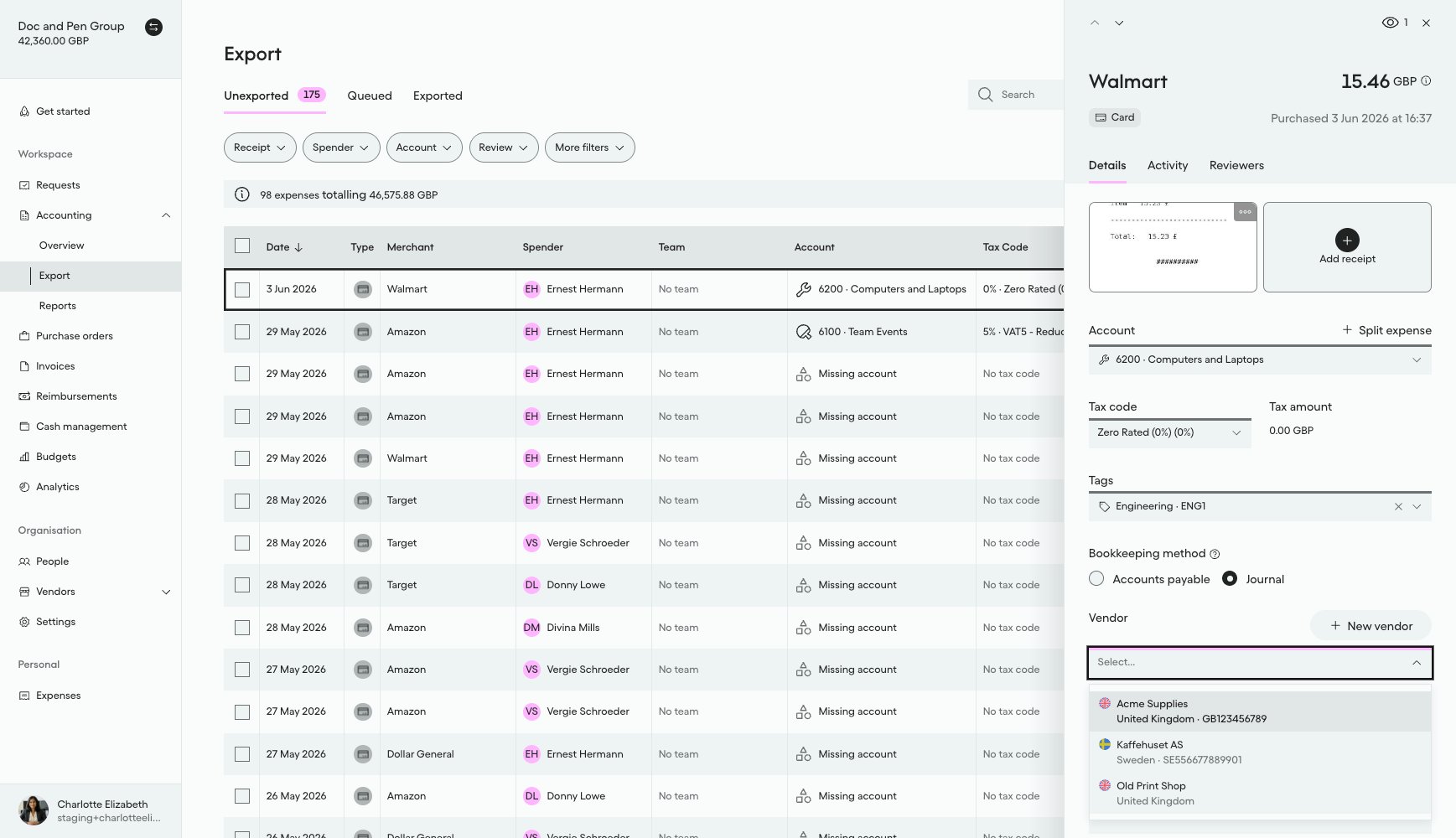 Vendor dropdown on an expense showing active vendors