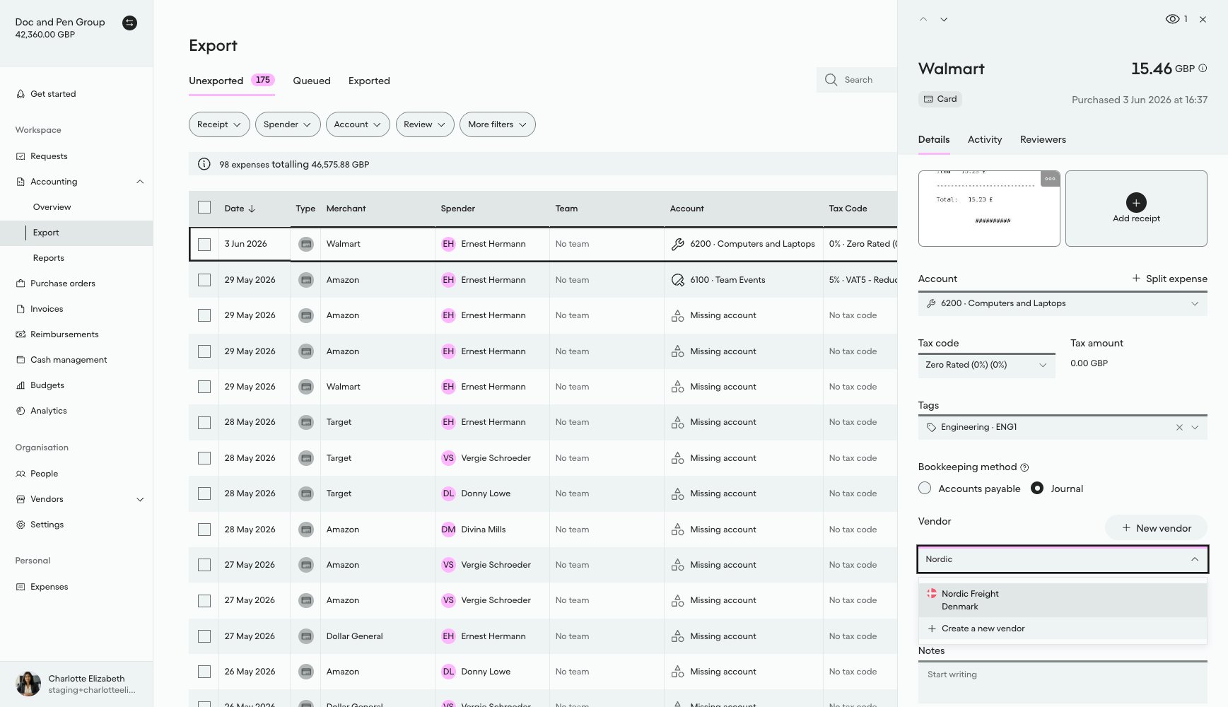 Vendor dropdown on an expense showing unarchived Nordic Freight