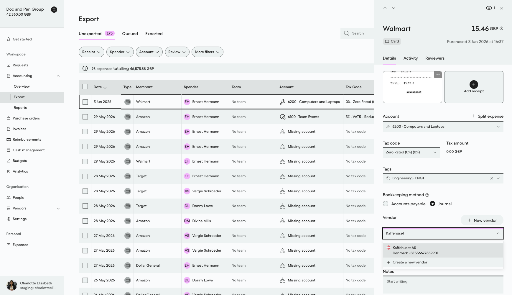 Vendor dropdown on an expense showing Kaffehuset AS updated to Denmark