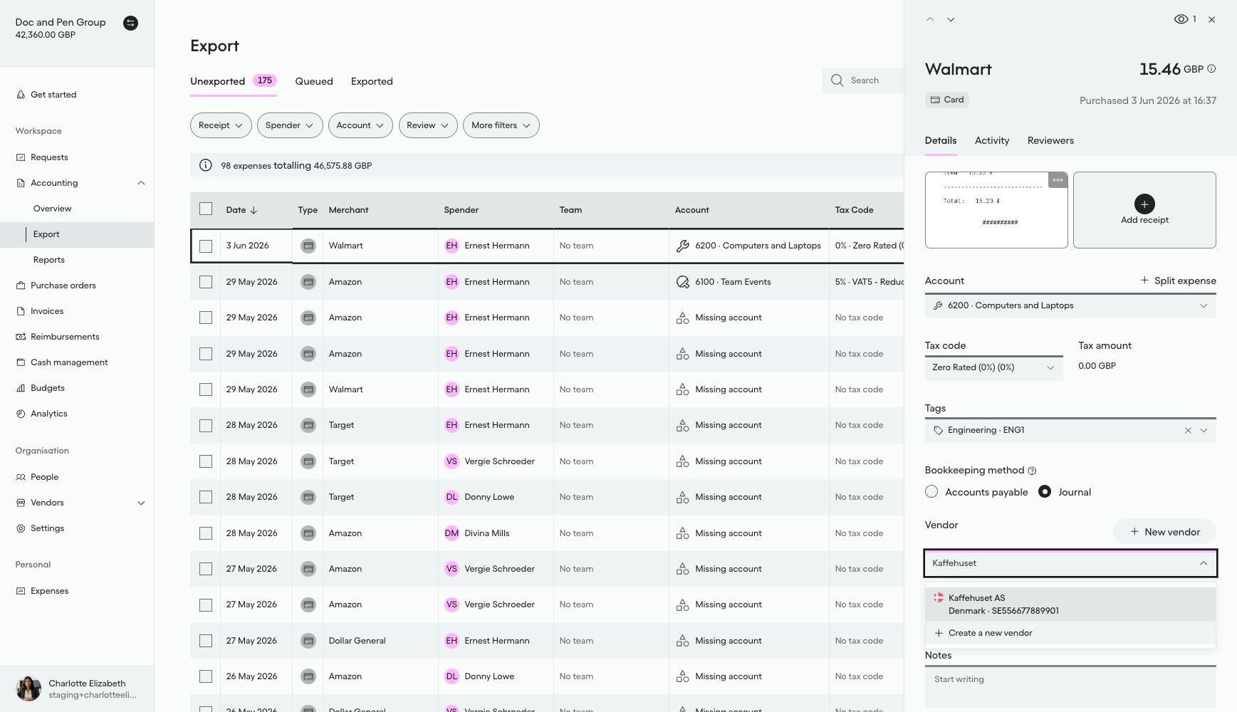 Vendor dropdown on an expense showing Kaffehuset AS updated to Denmark