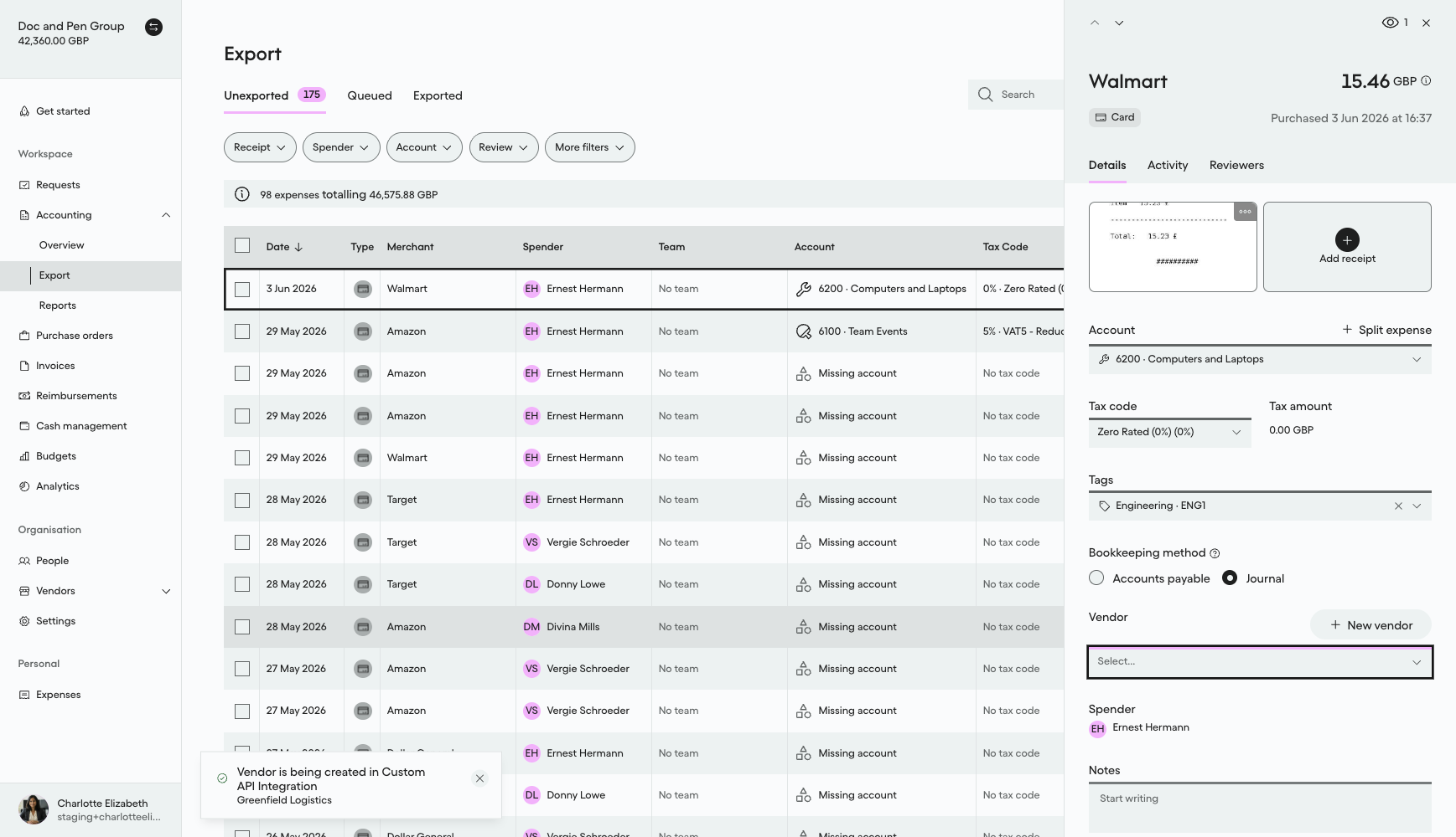 Notification confirming Greenfield Logistics is being created in Custom API Integration