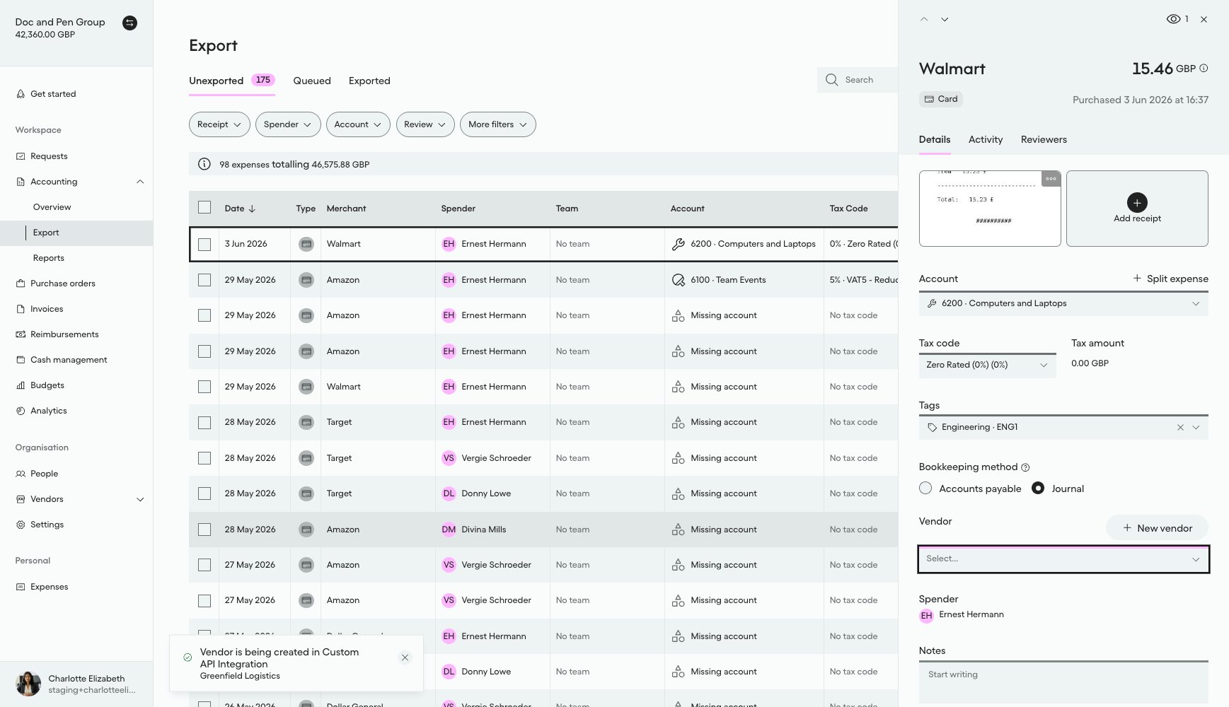 Notification confirming Greenfield Logistics is being created in Custom API Integration