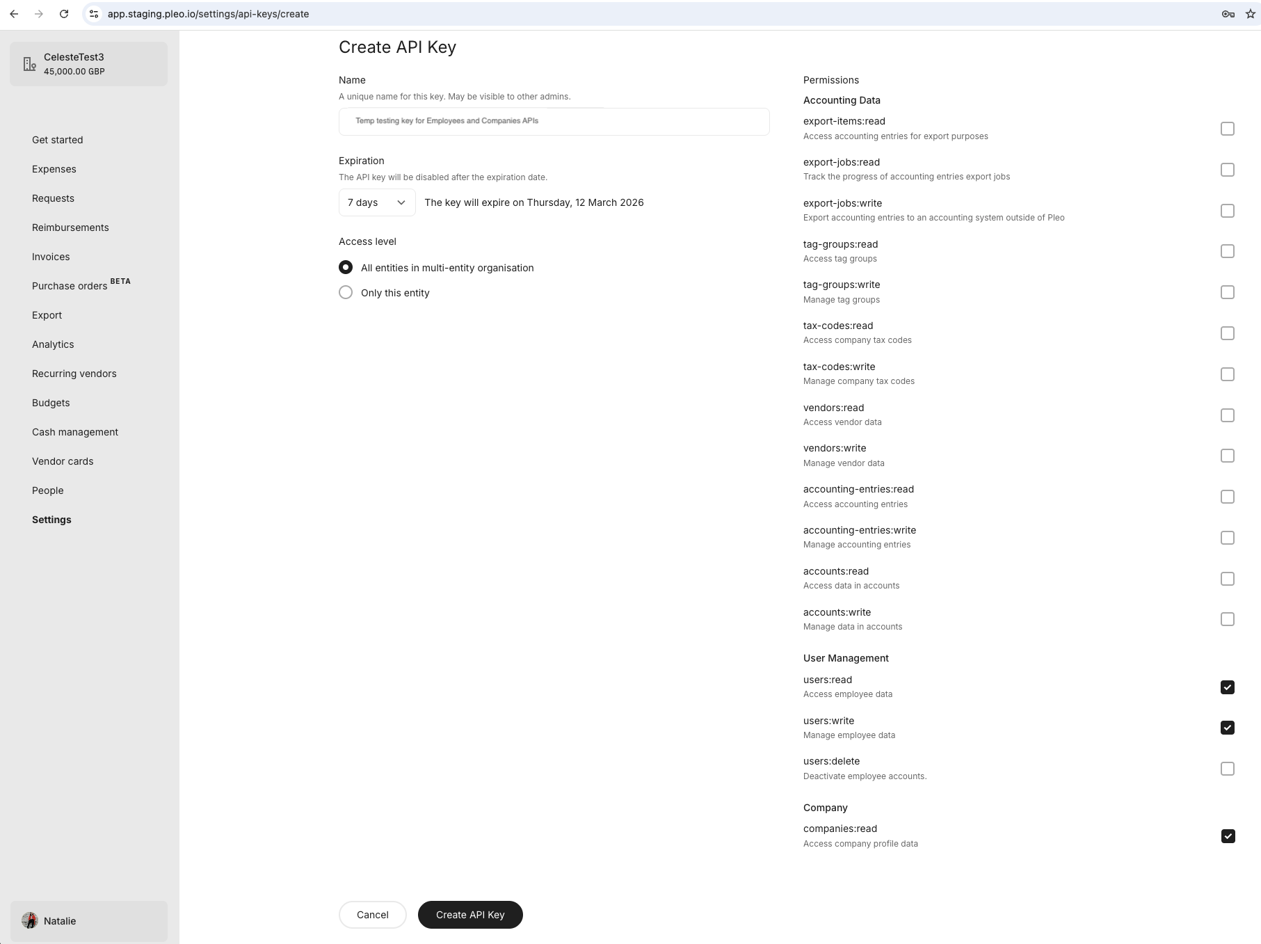 Standalone API Keys - Create