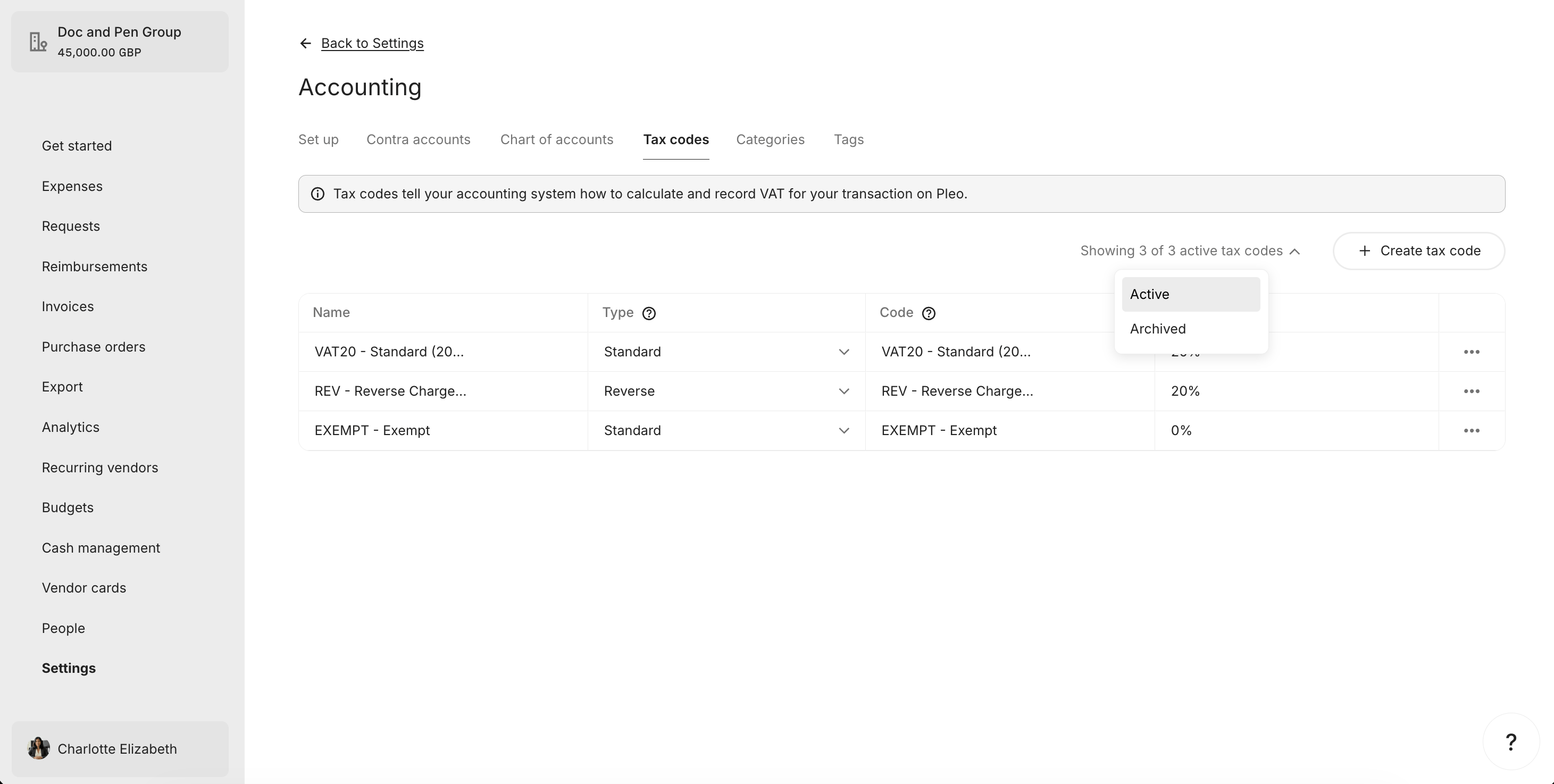 Active Tax Codes Tab