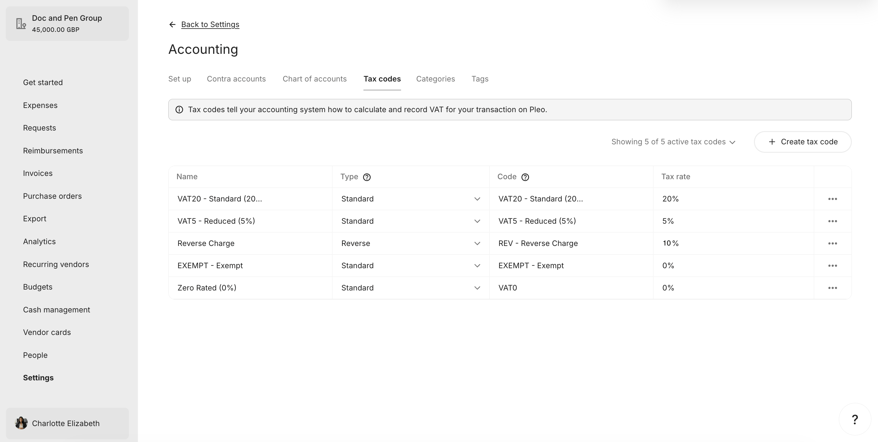 Active Tax Codes Tab with Reverse Charge code updated