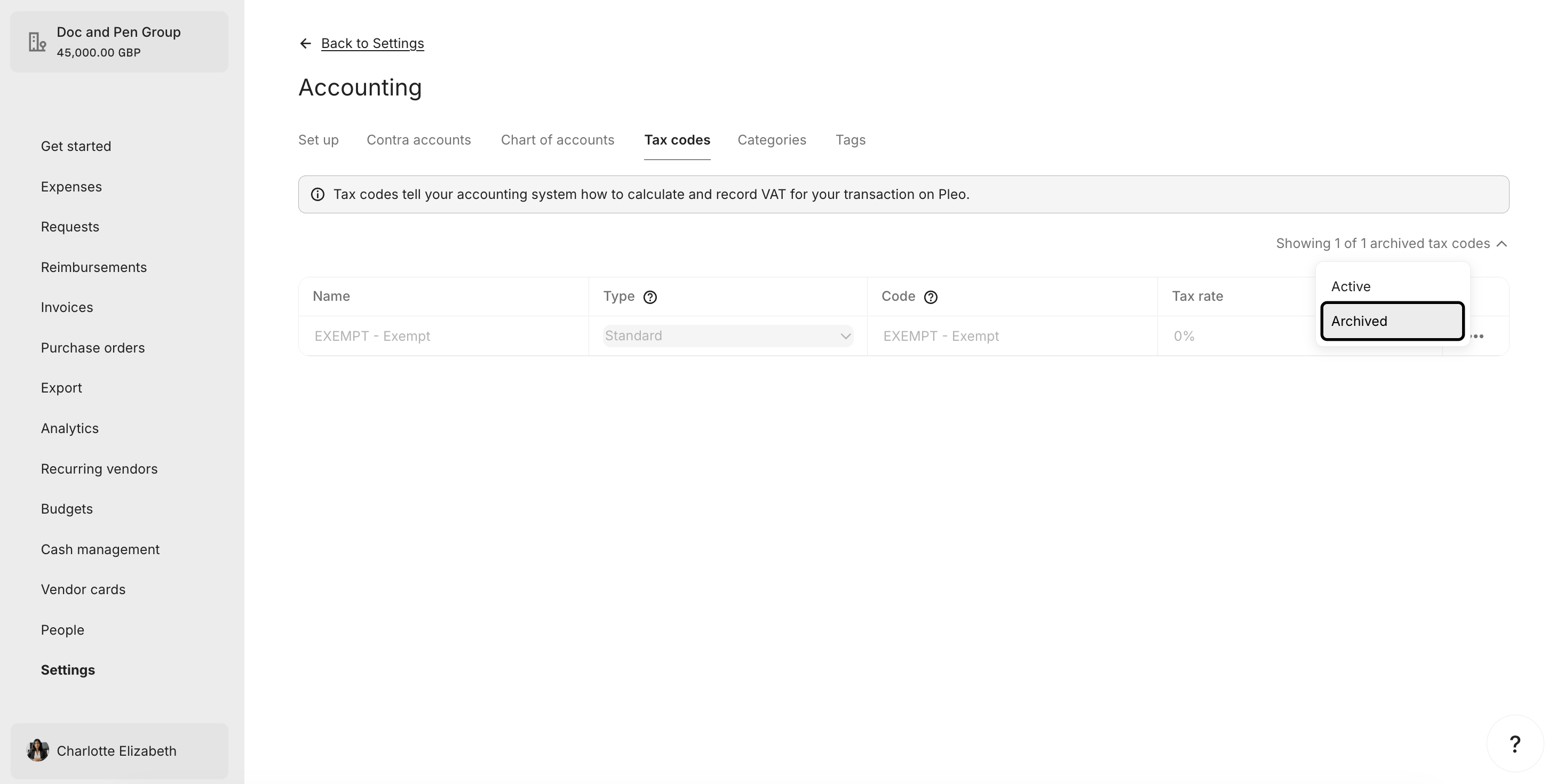 Archived Tax Codes Tab showing Exempt as archived