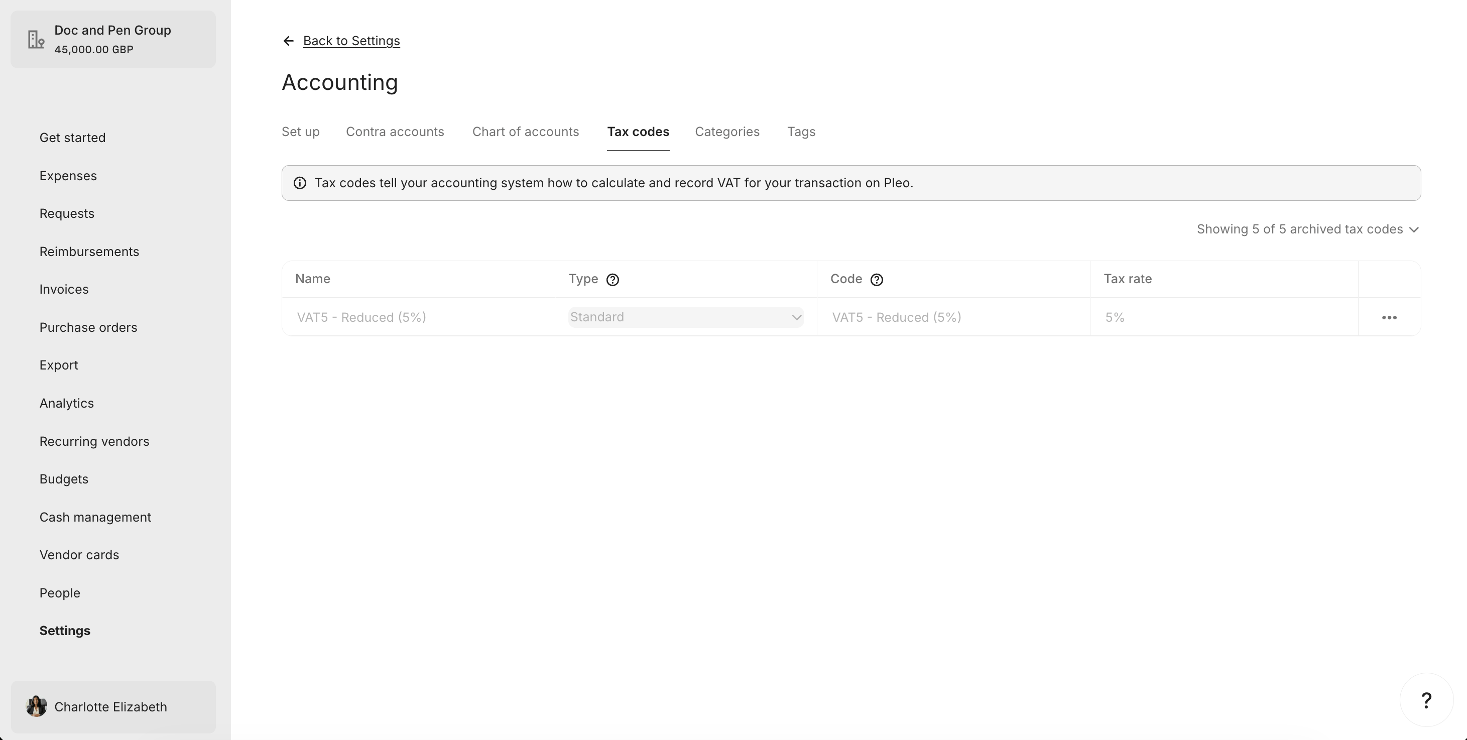 Archived Tax Codes Tab