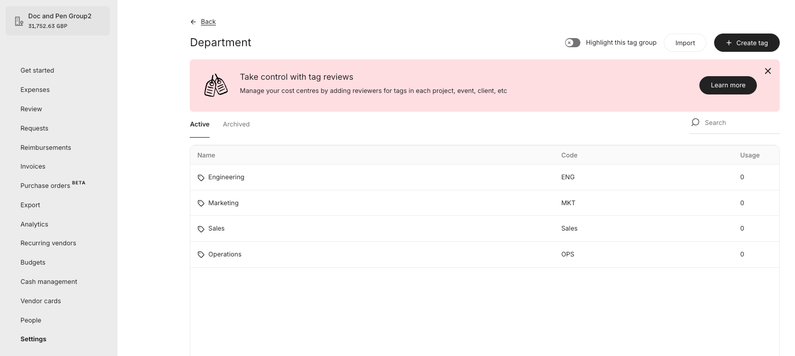 Active Tags in Pleo for Department Tag Group