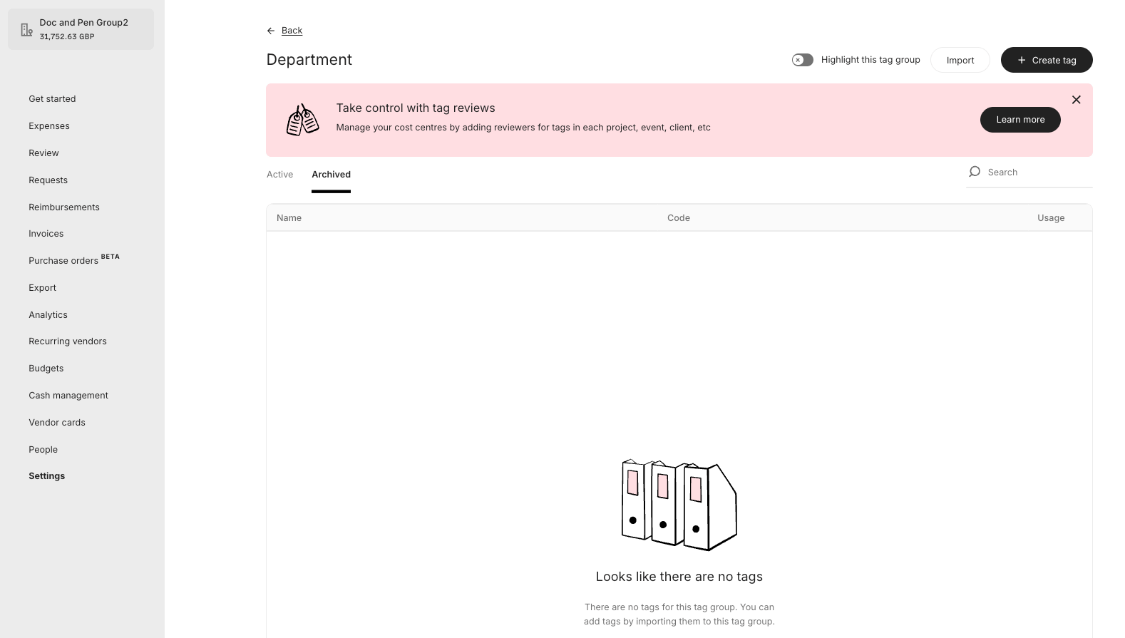 Archived Tags in Pleo for Department Tag Group - Empty