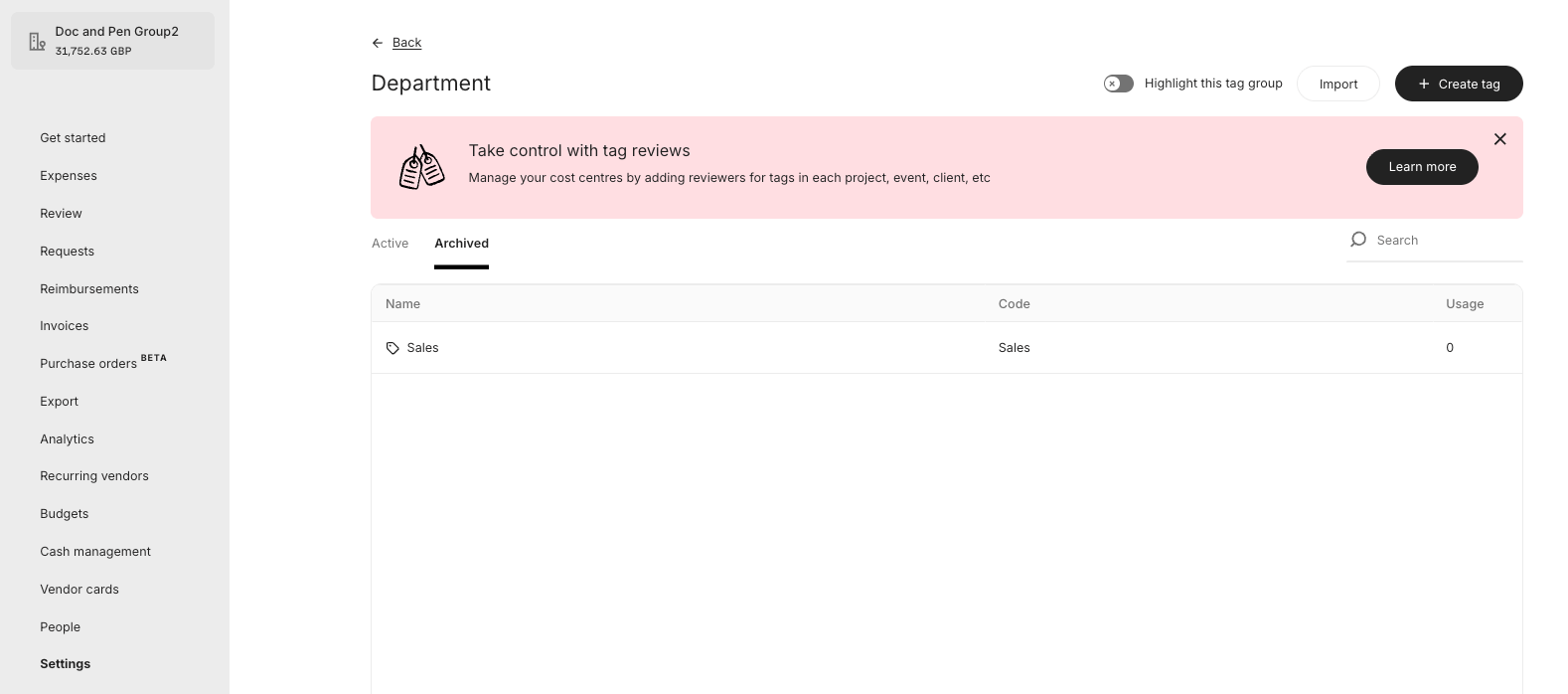Archived Tags in Pleo for Department Tag Group