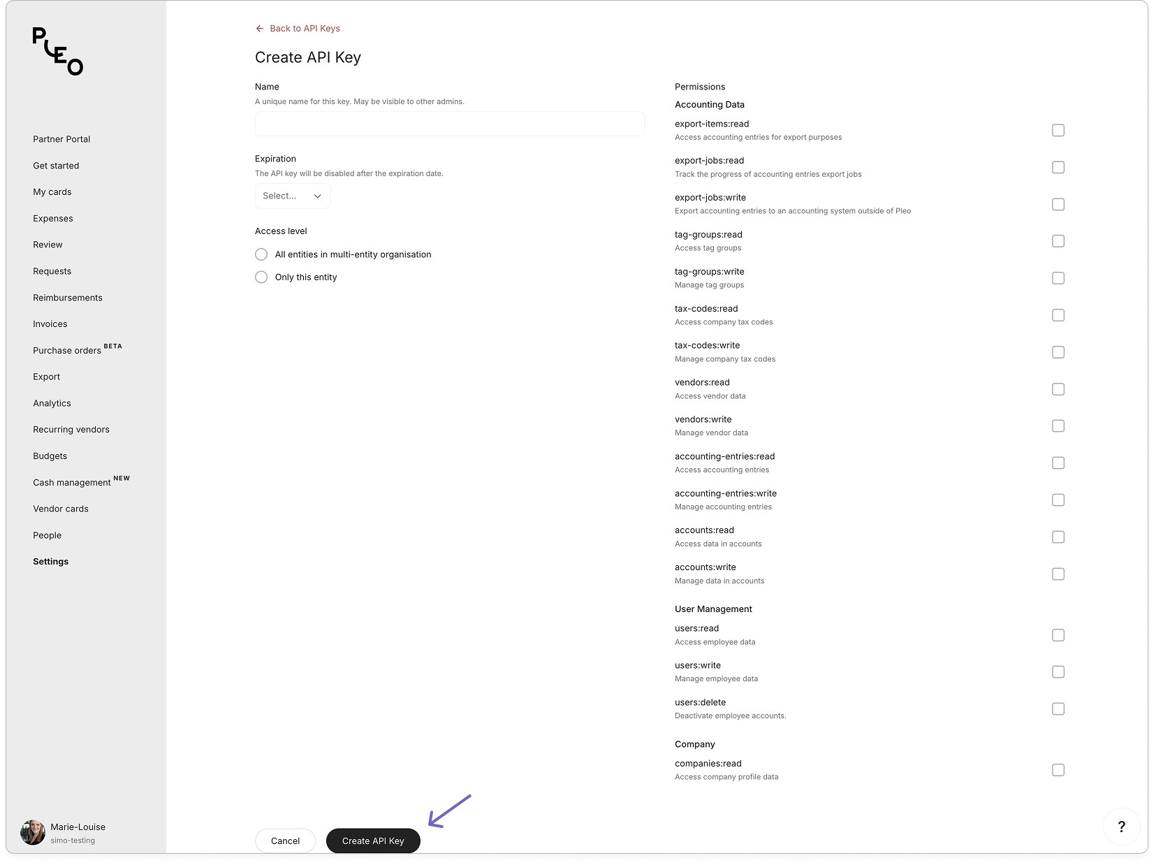 getting started click on create API key settings