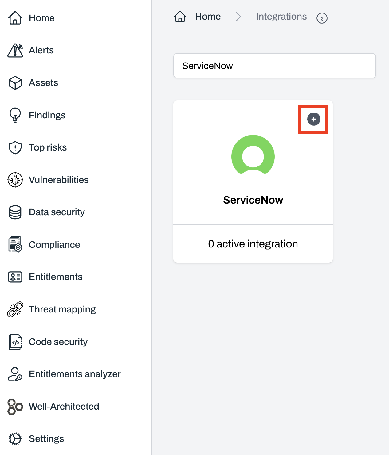 Integrations page with ServiceNow option and plus button to add integration