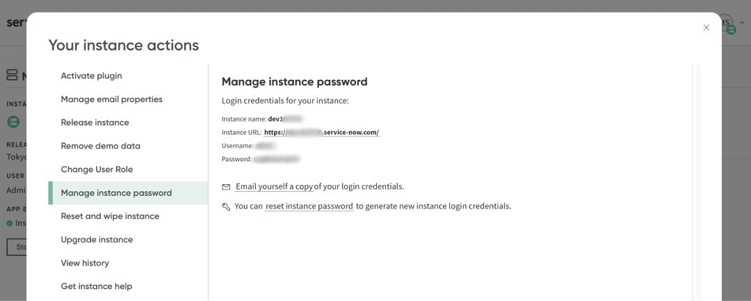 ServiceNow profile settings page with Manage instance password option highlighted