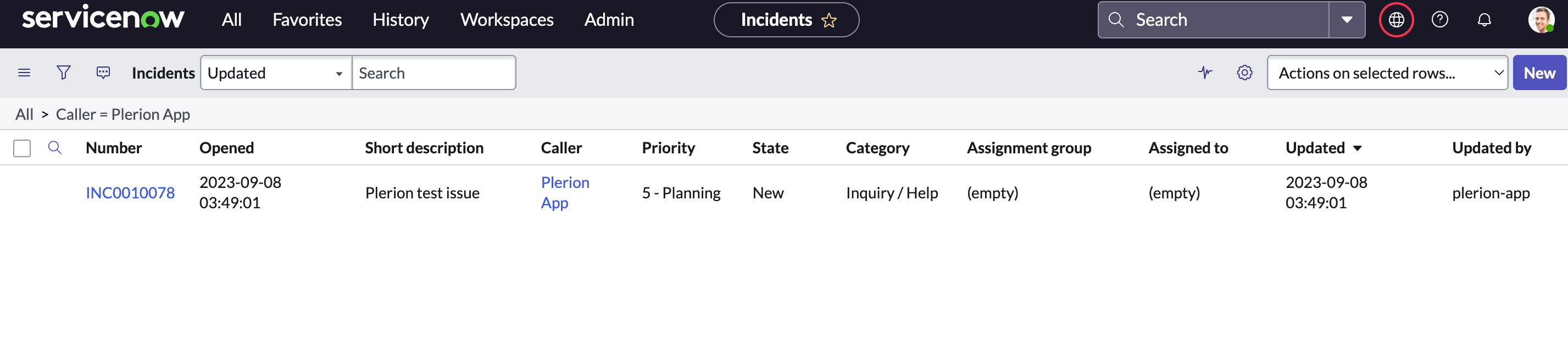 ServiceNow incident list showing newly created test incident from Plerion