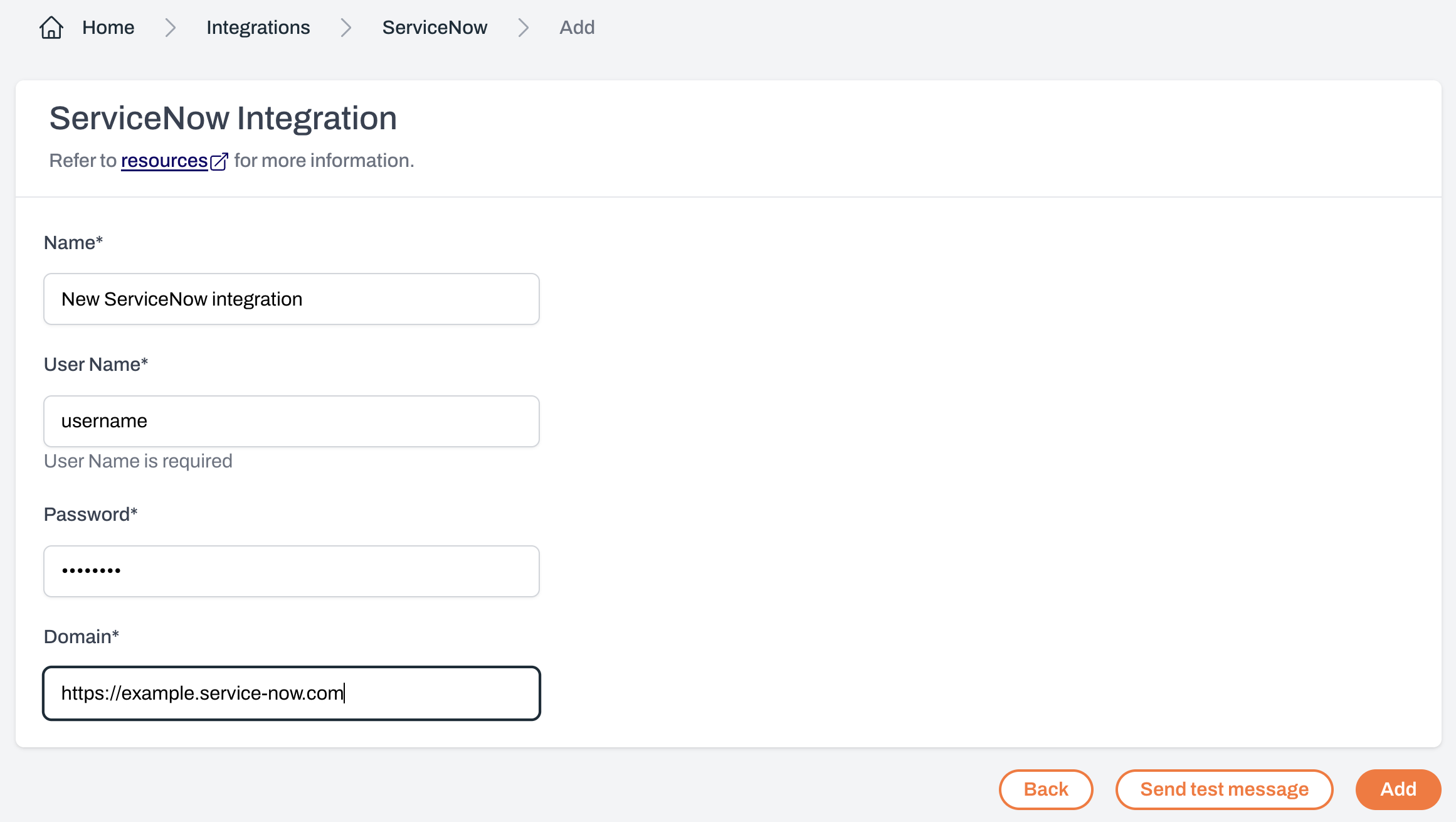 ServiceNow integration setup page with fields for name, username, password, and domain