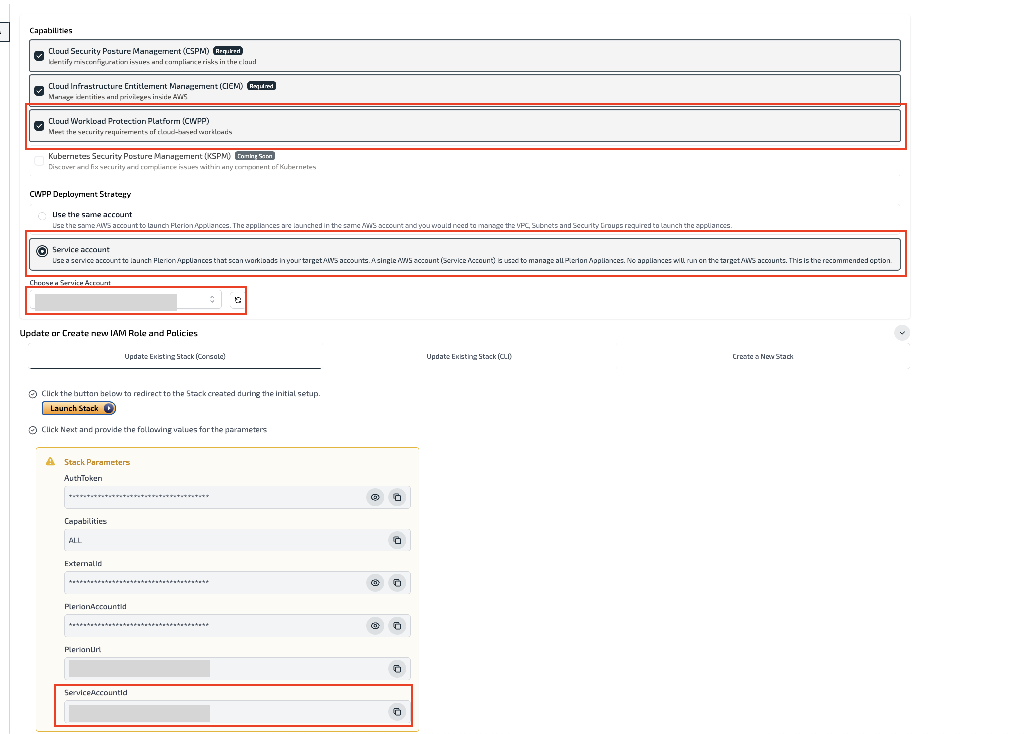Select Service account for CWPP in single-account update