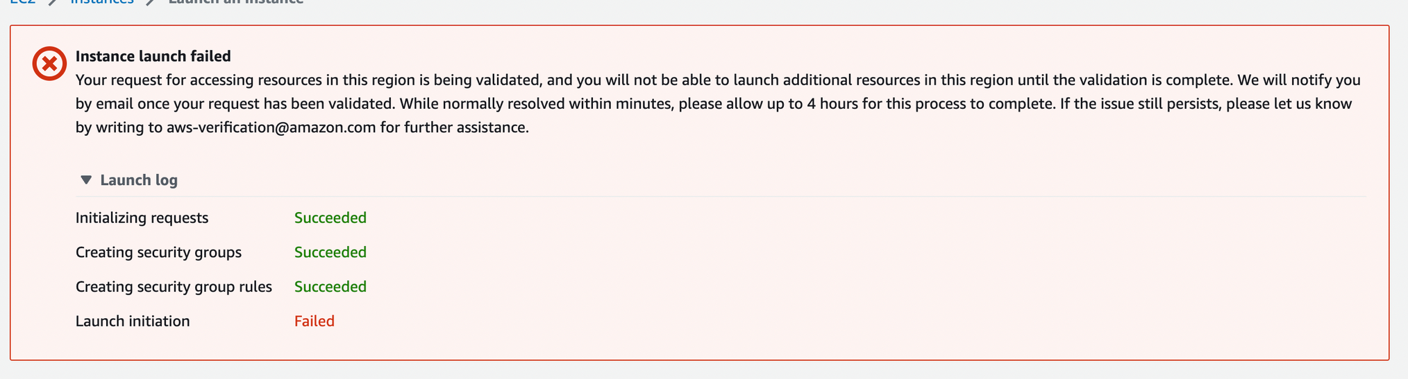 Region activation error message in AWS console