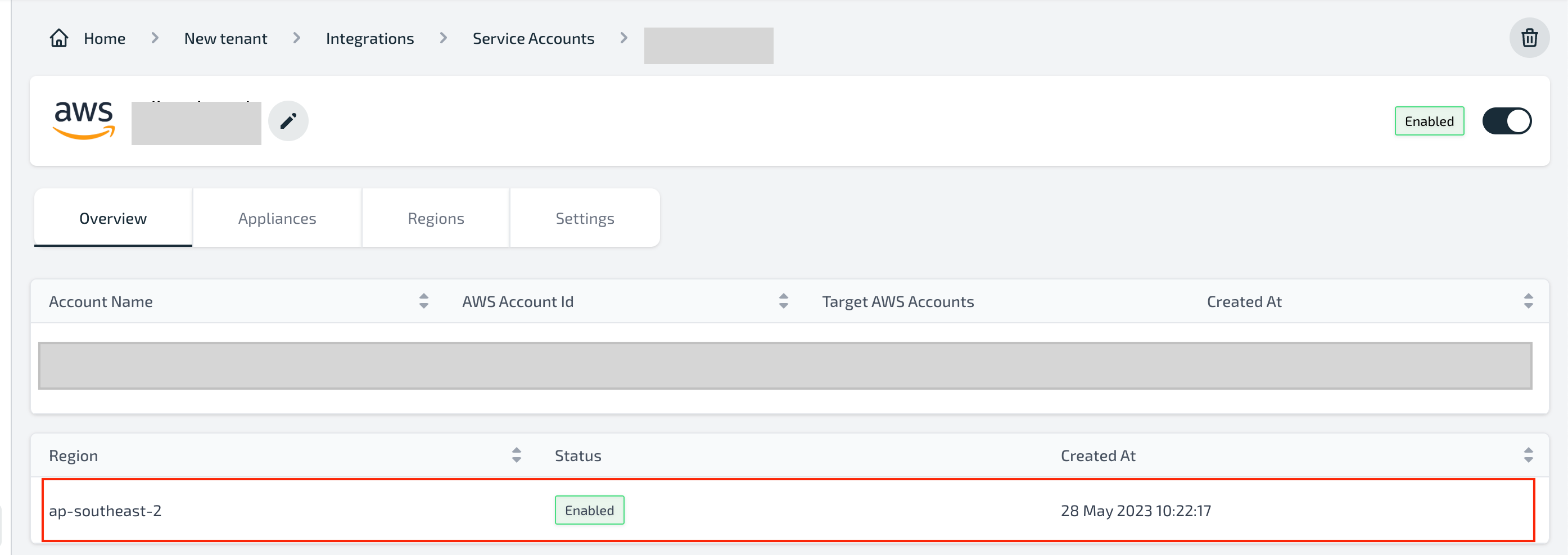 Service account dashboard showing enabled region