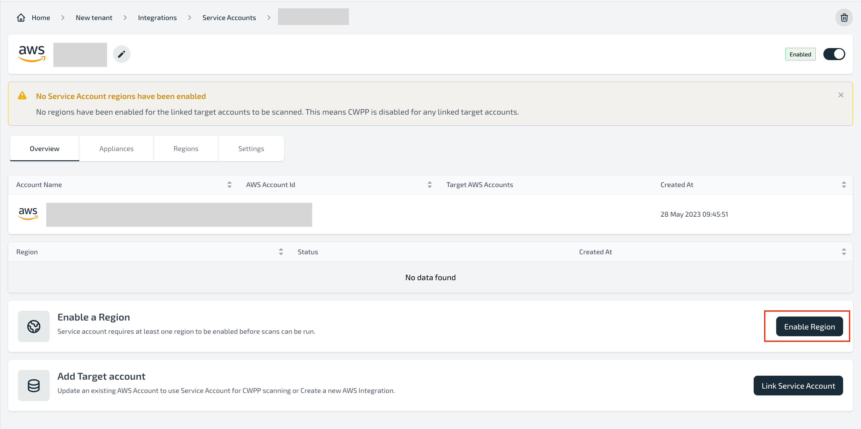 Enable region button in service account dashboard