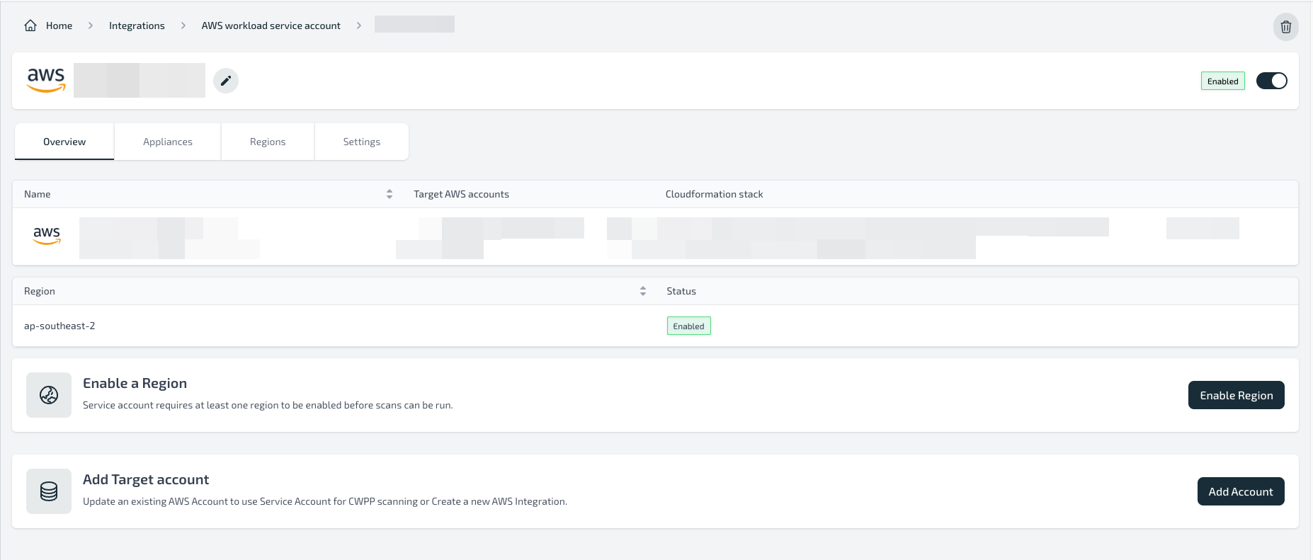 Service account details page in Plerion