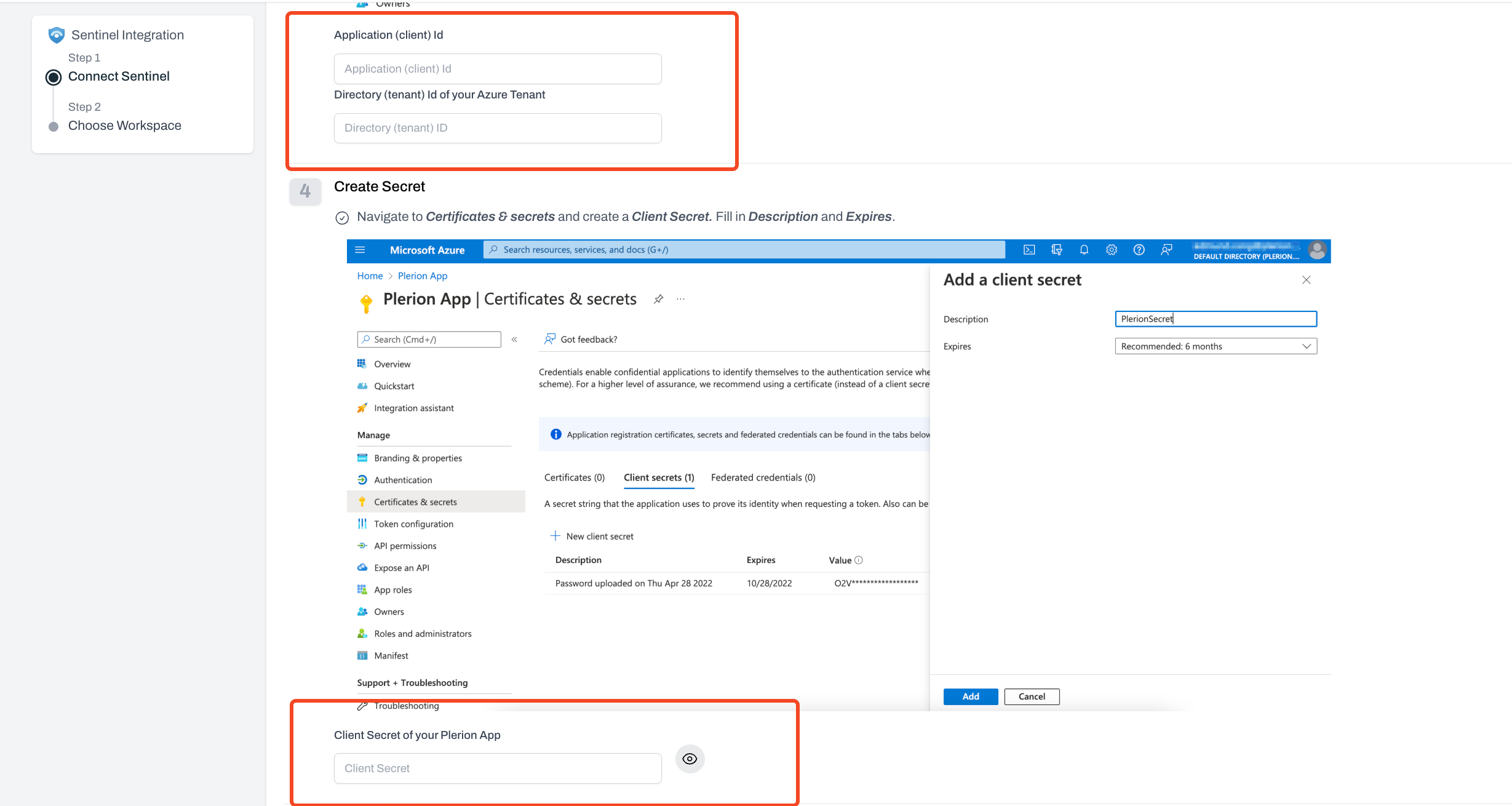 Microsoft Sentinel integration setup fields on Plerion