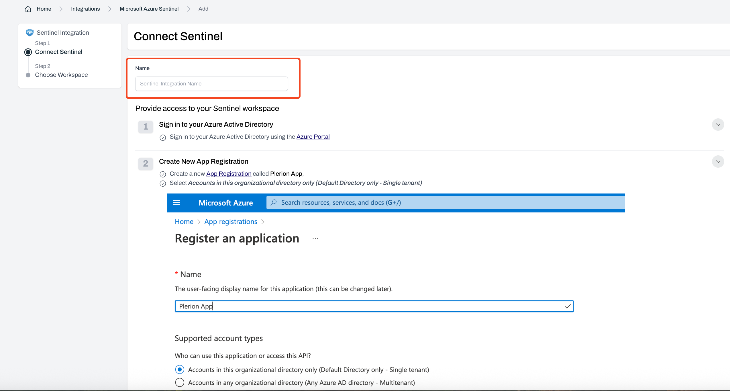Connect Microsoft Sentinel page showing Integration name field