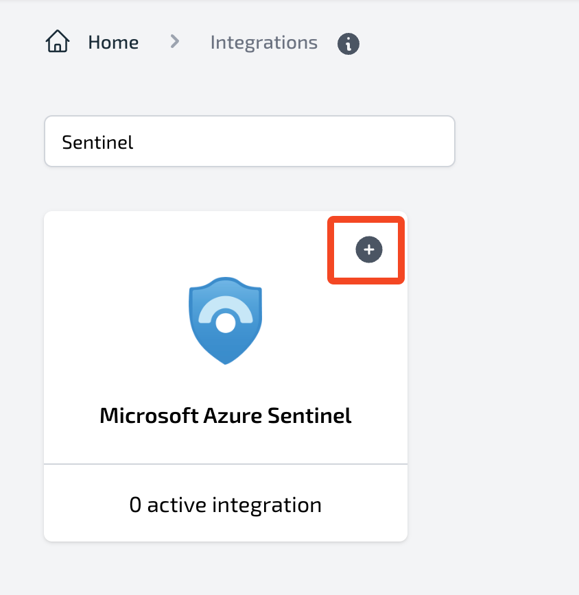 Integrations page with Microsoft Sentinel option and plus button