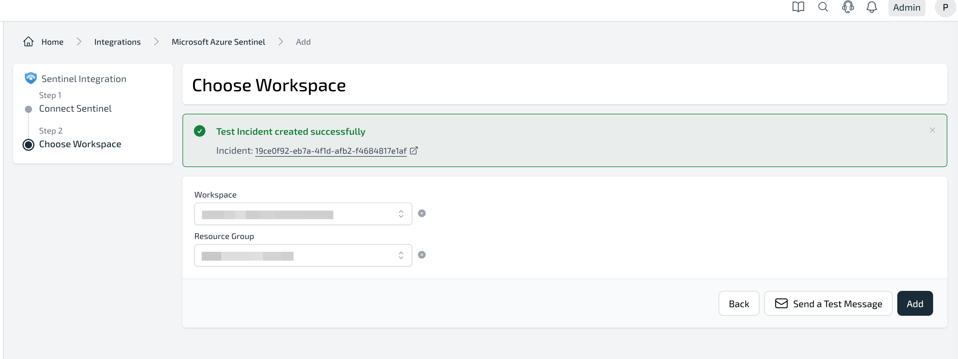 Plerion platform showing test message creation for Microsoft Sentinel