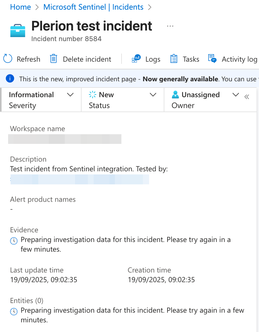 Microsoft Sentinel console showing test incident created from Plerion