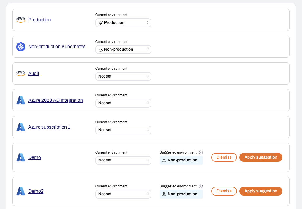 Environments page showing a list of connected cloud integrations