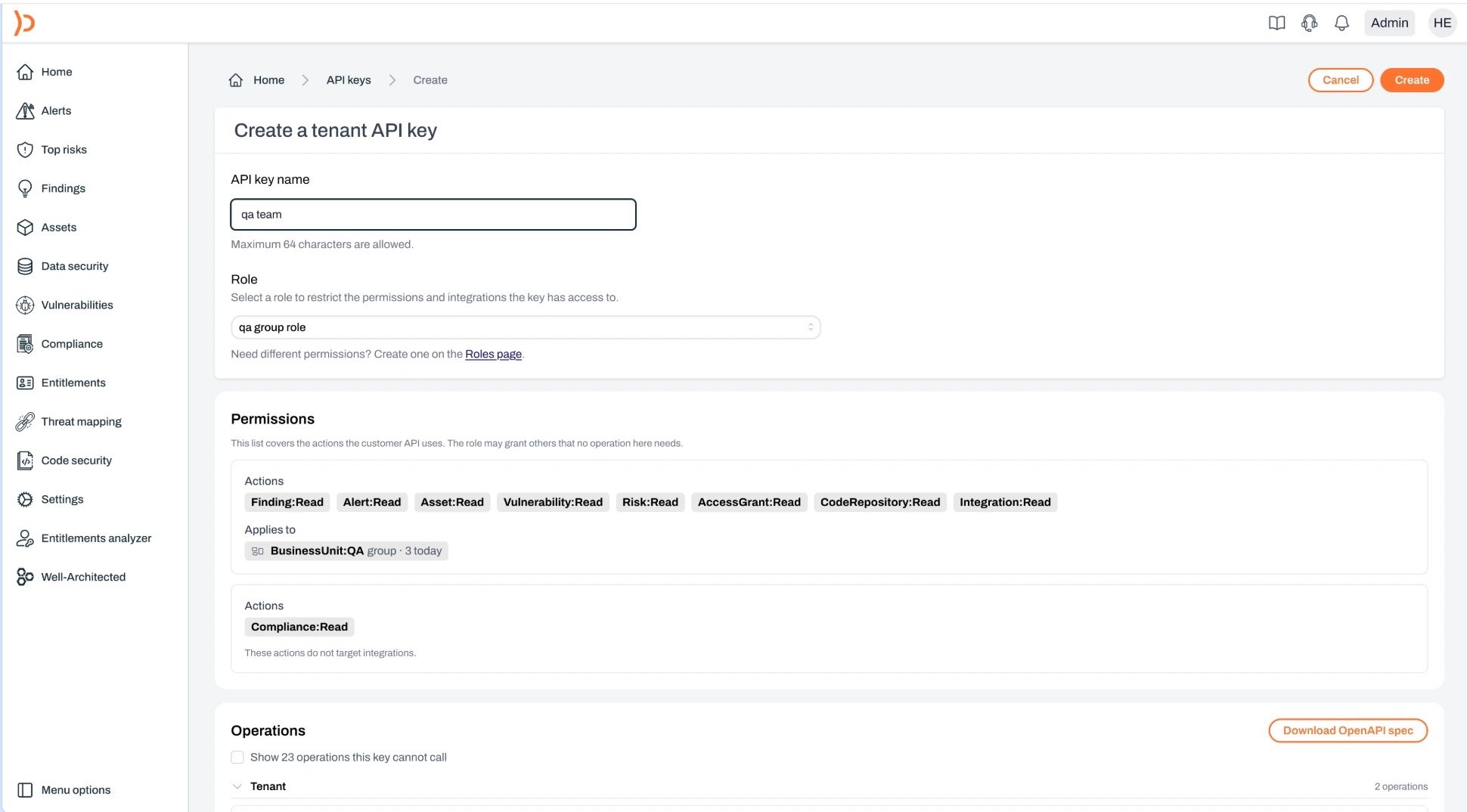The create page with a role selected and the access panel below it