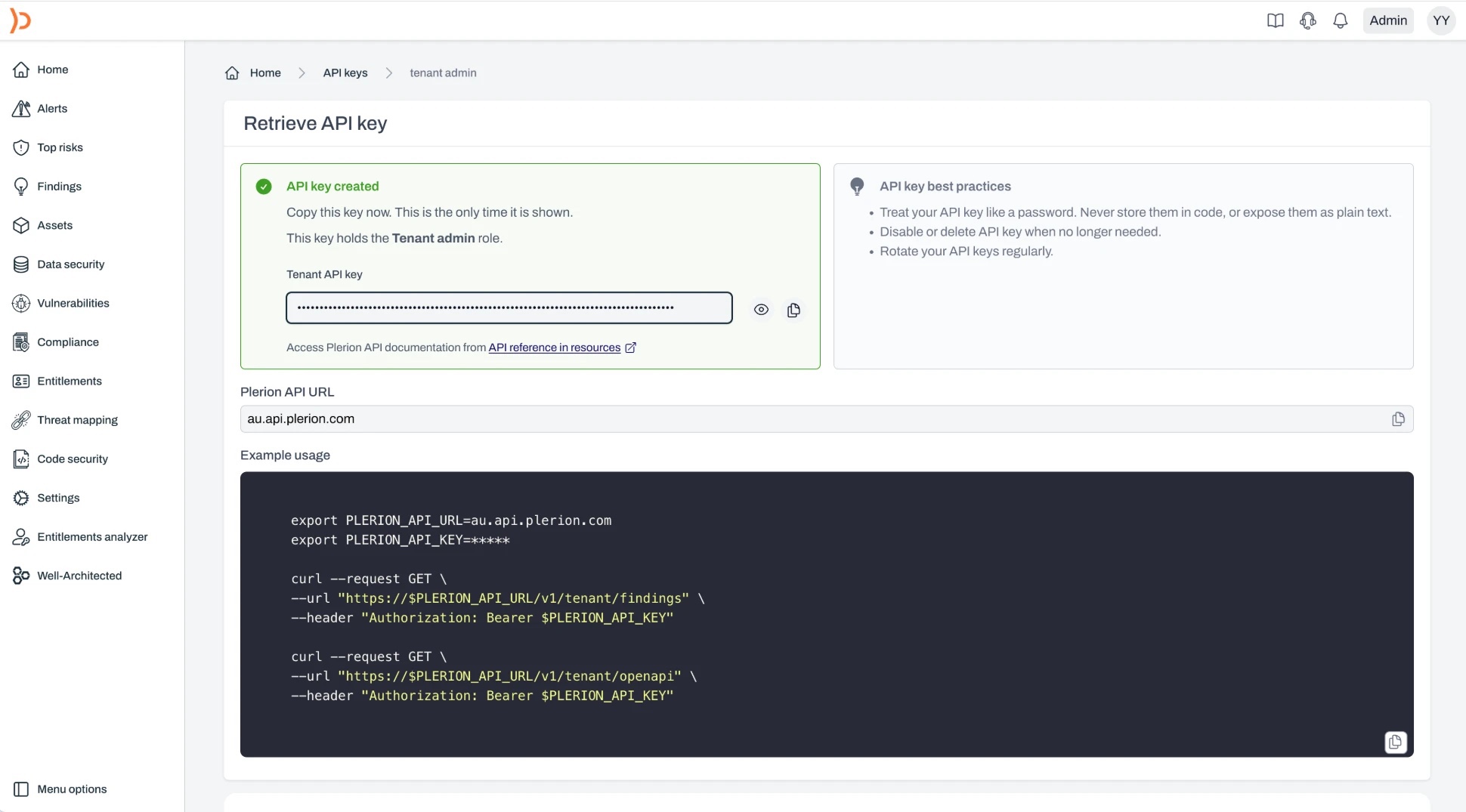 The newly created key, hidden, with the role it holds and the example usage