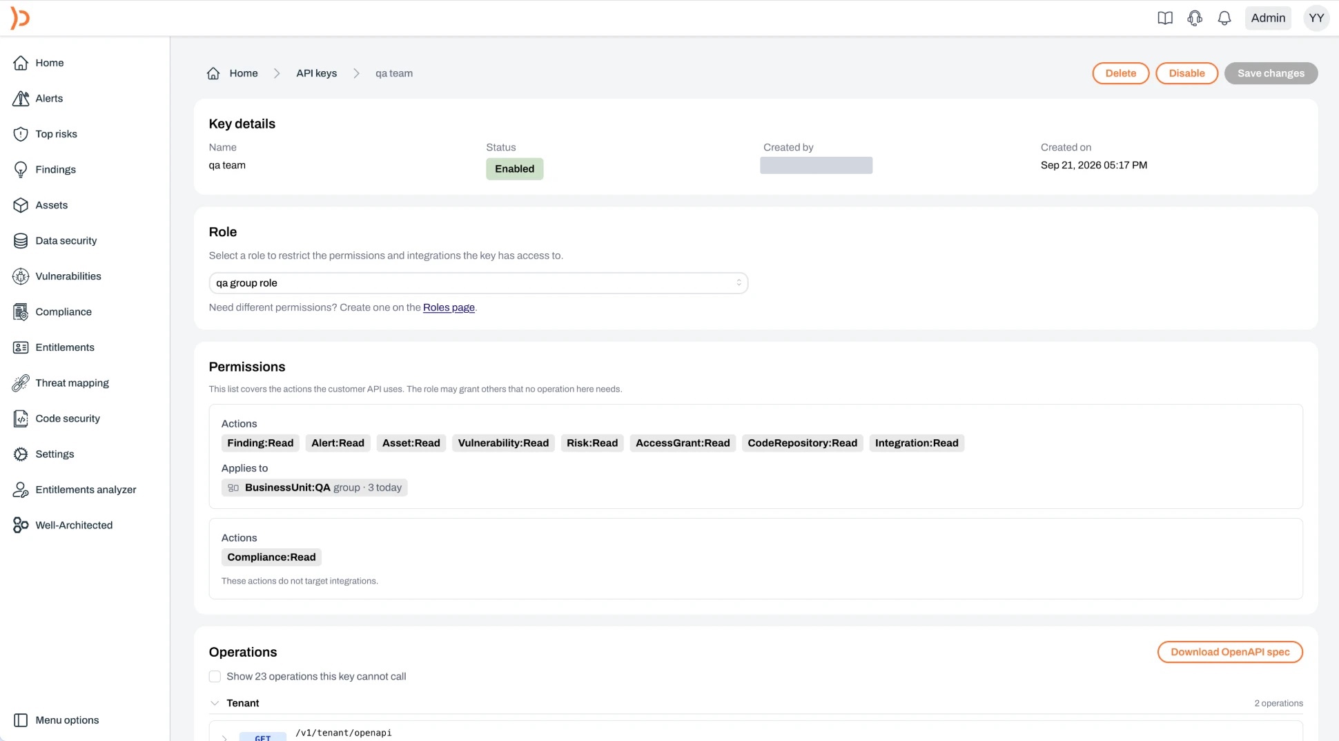 A key's page with its details, the Role dropdown, Save changes, and the access panel