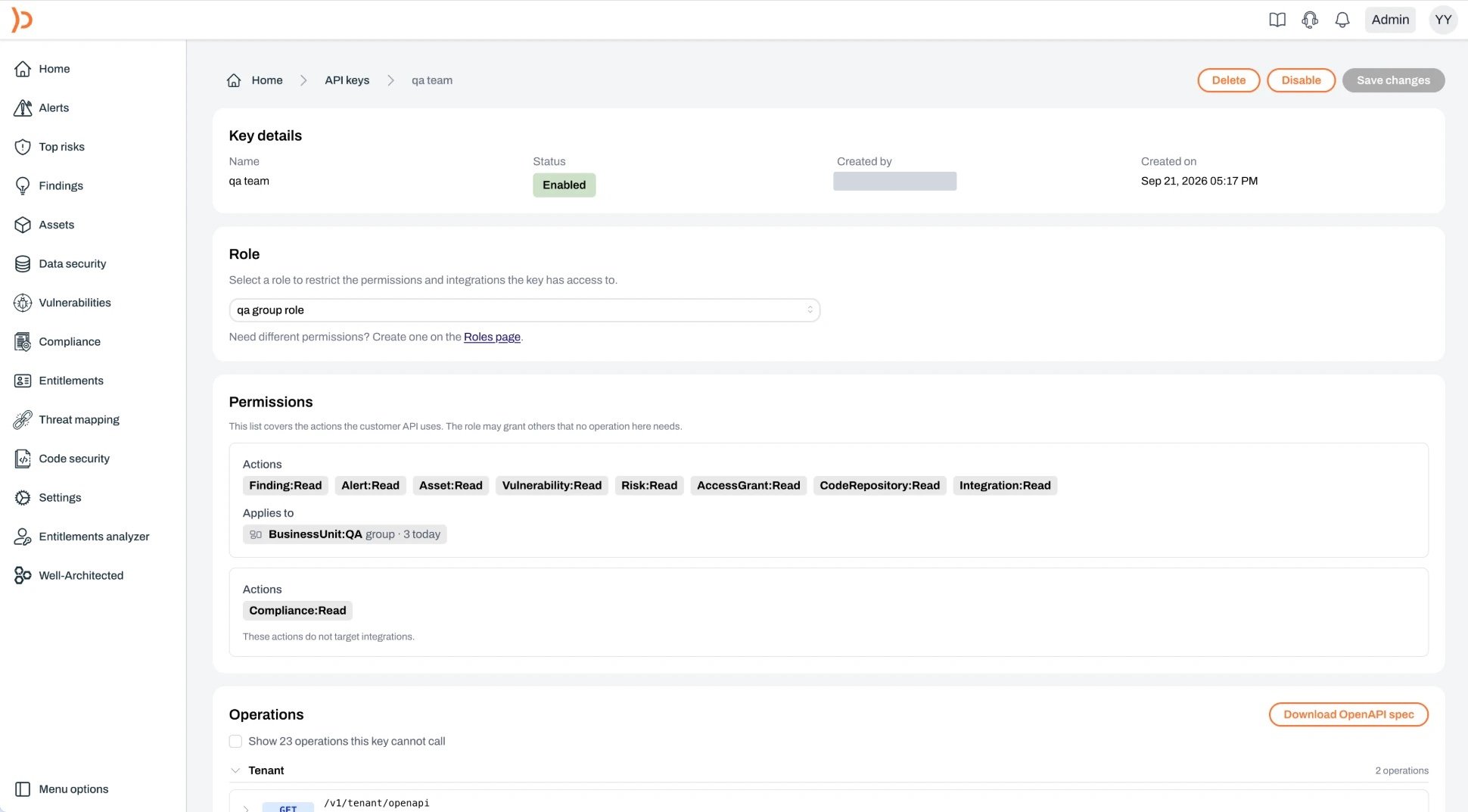 A key's page with its details, the Role dropdown, Save changes, and the access panel