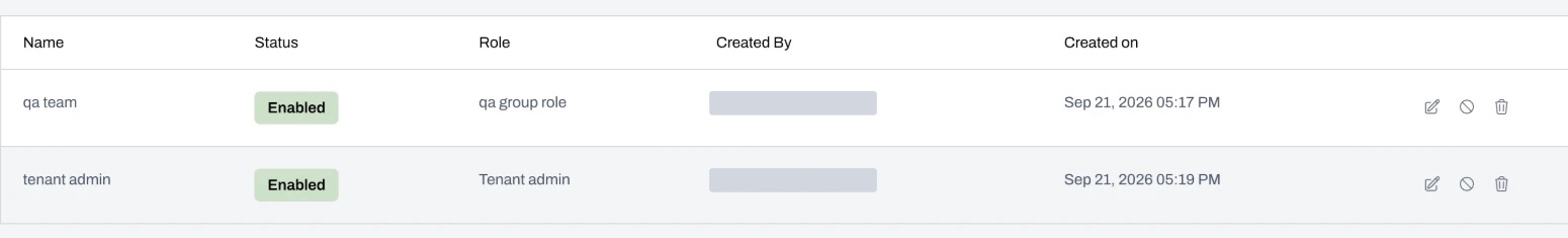 A key's row with the Edit, Disable and Delete buttons at its end